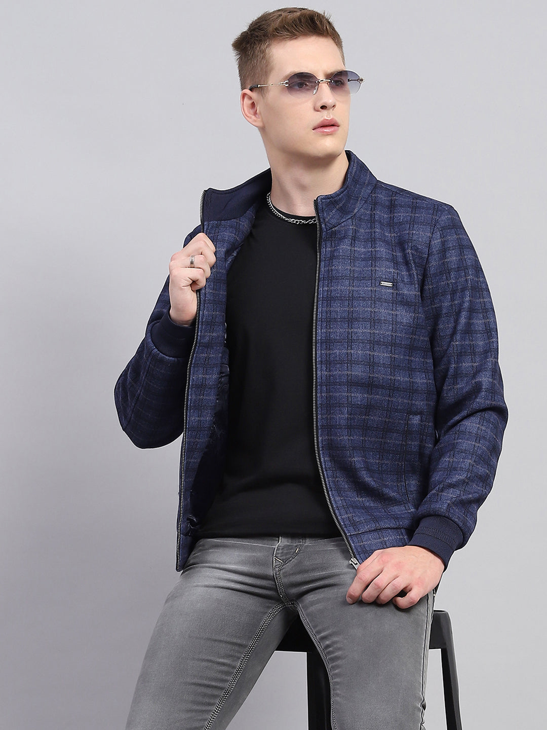 Men Navy Blue Check Mock Neck Full Sleeve Jacket