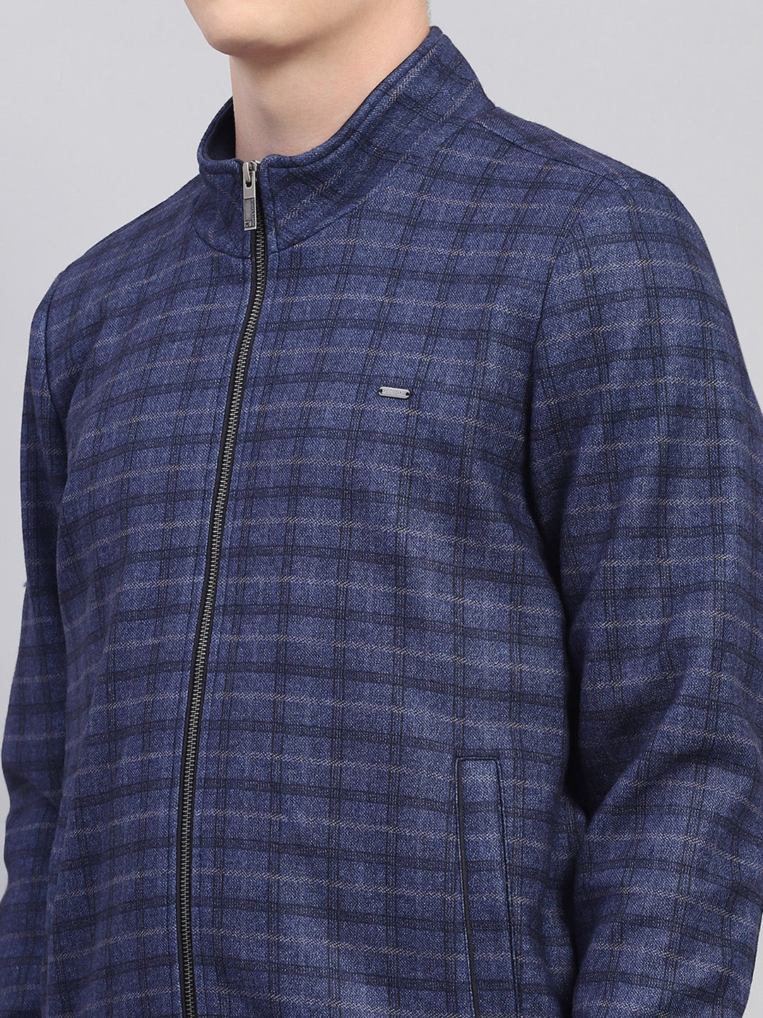 Men Navy Blue Check Mock Neck Full Sleeve Jacket