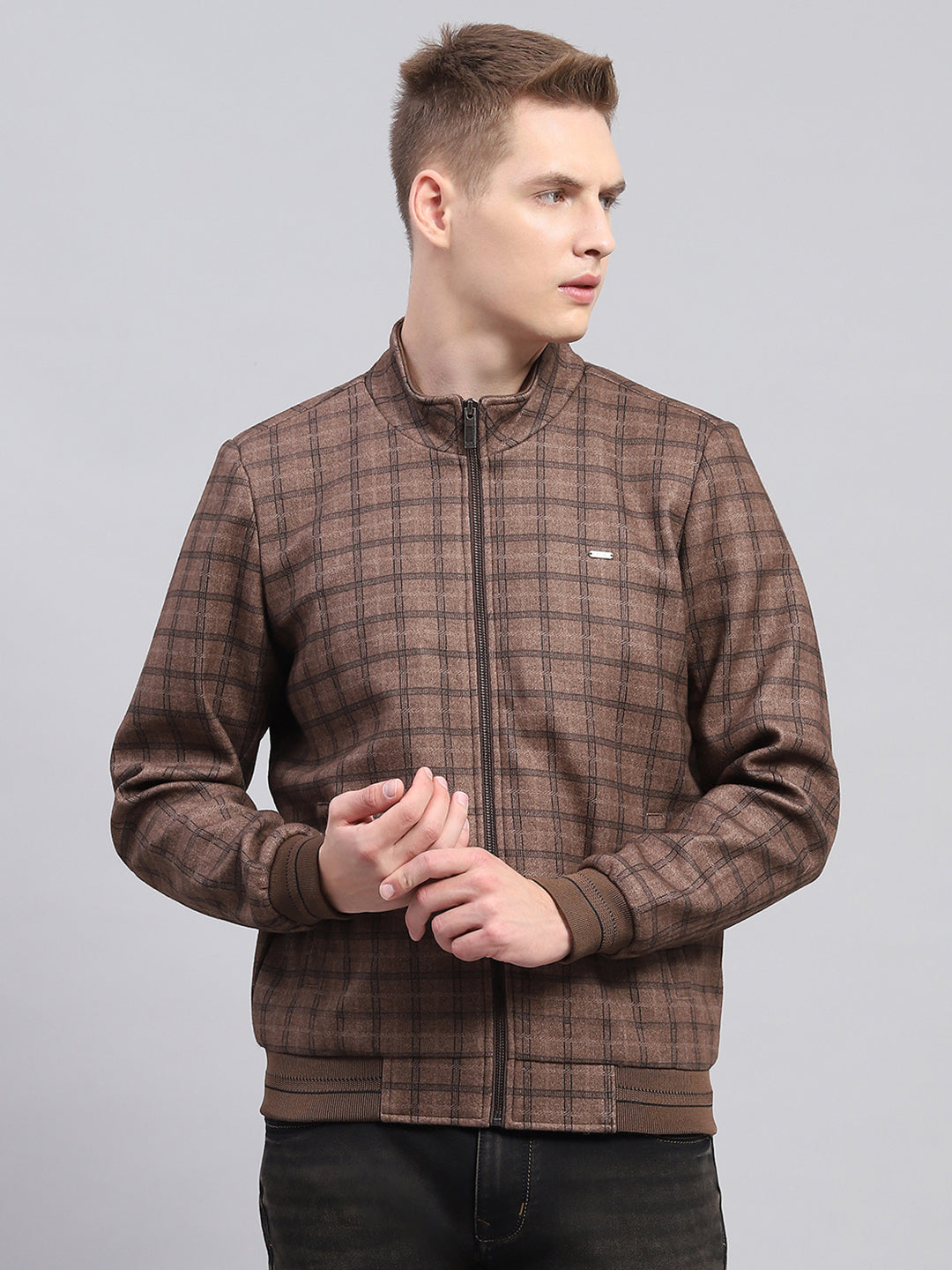 Men Brown Check Mock Neck Full Sleeve Jacket