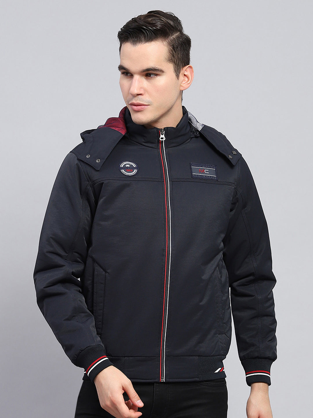 Men Navy Blue Solid Detachable Hood Full Sleeve Jacket