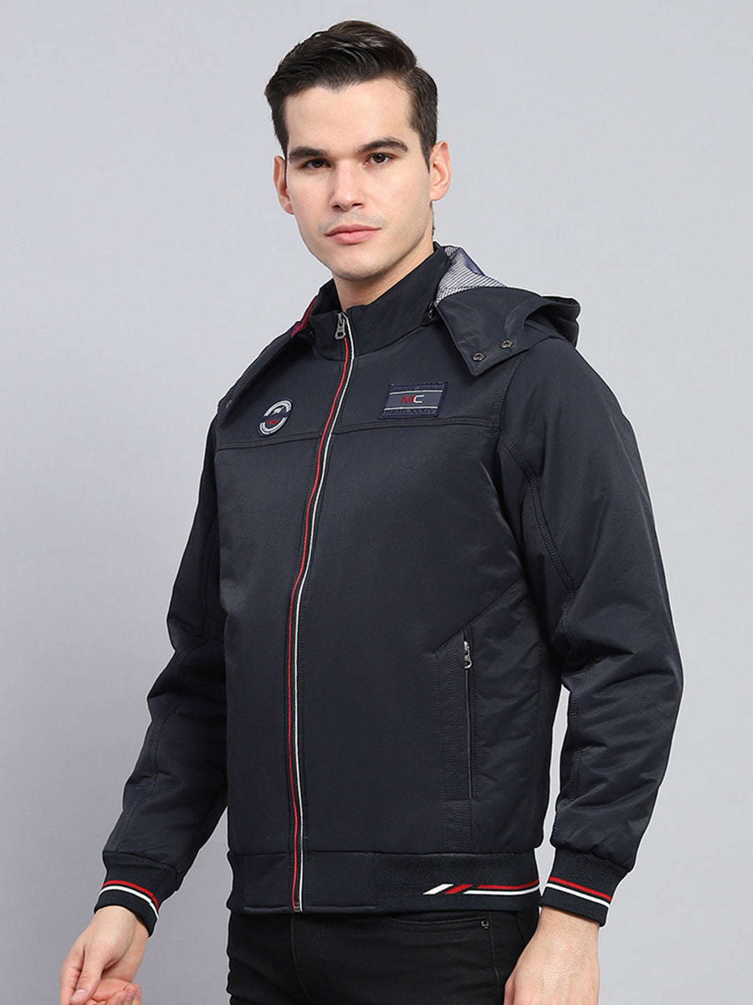 Men Navy Blue Solid Detachable Hood Full Sleeve Jacket