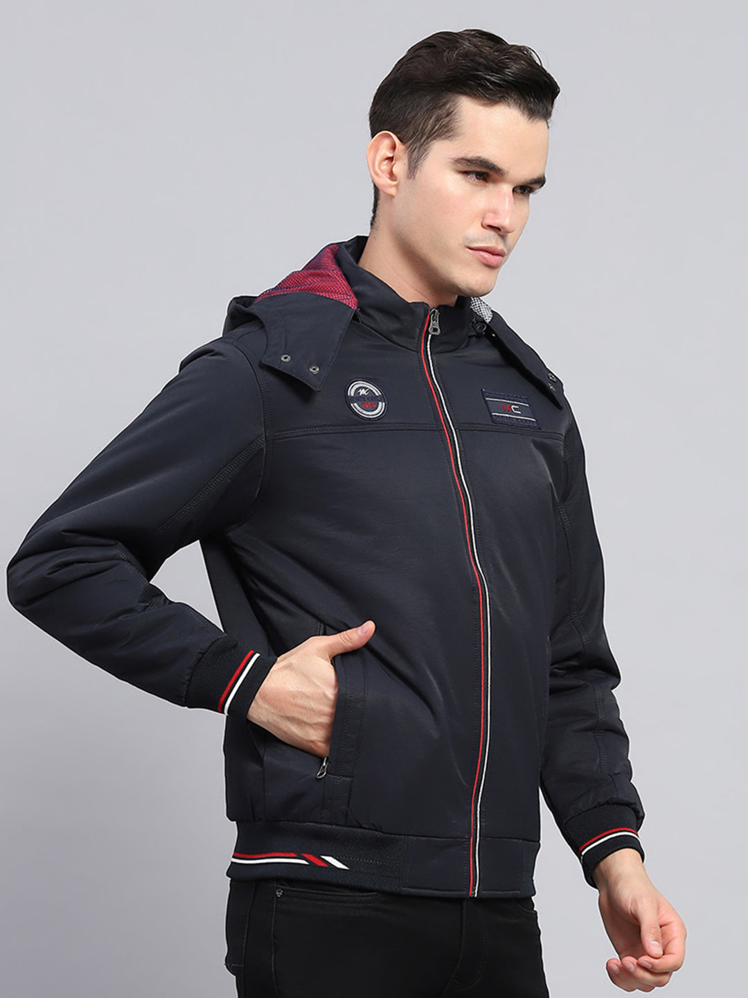 Men Navy Blue Solid Detachable Hood Full Sleeve Jacket