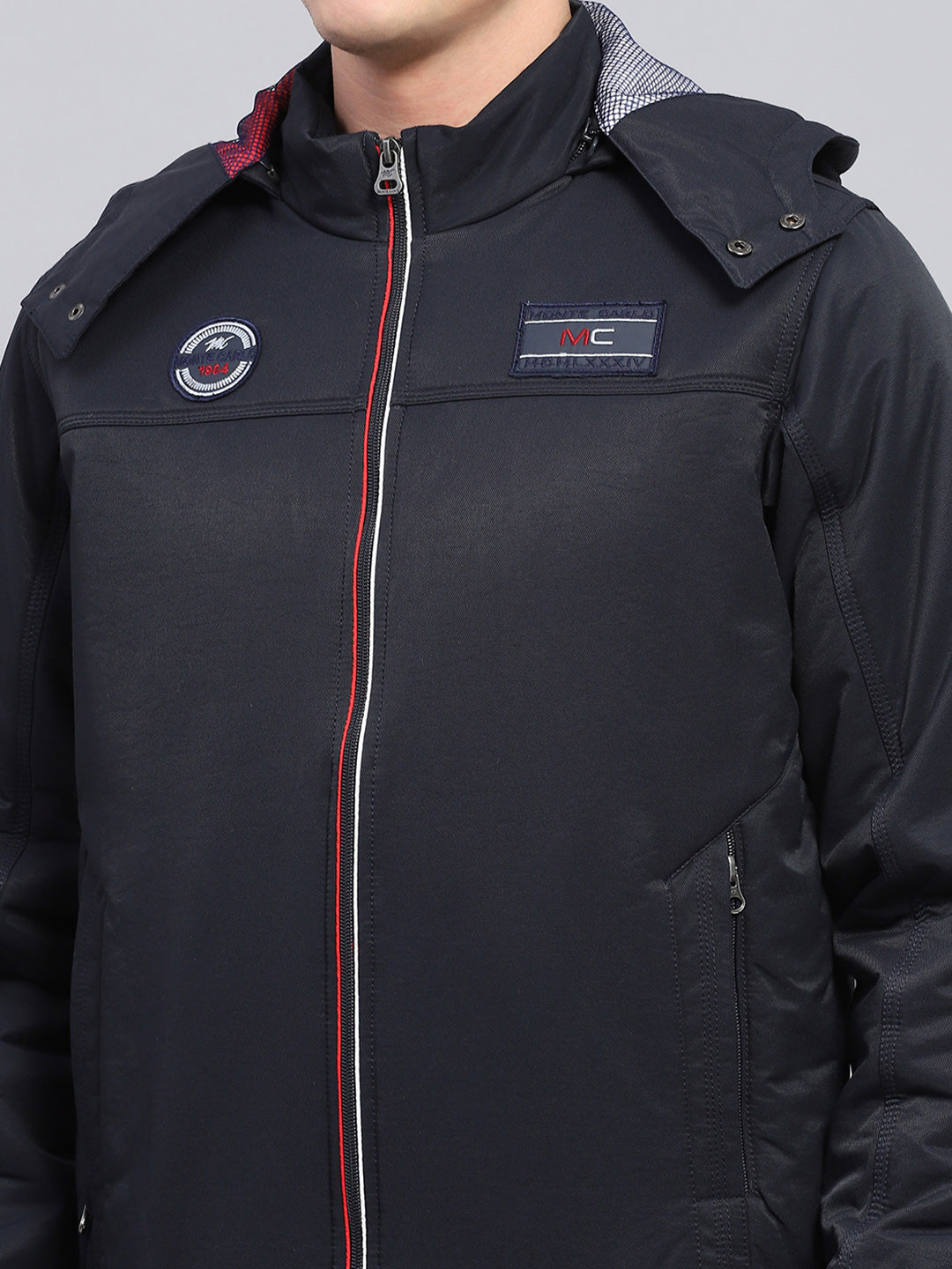 Men Navy Blue Solid Detachable Hood Full Sleeve Jacket