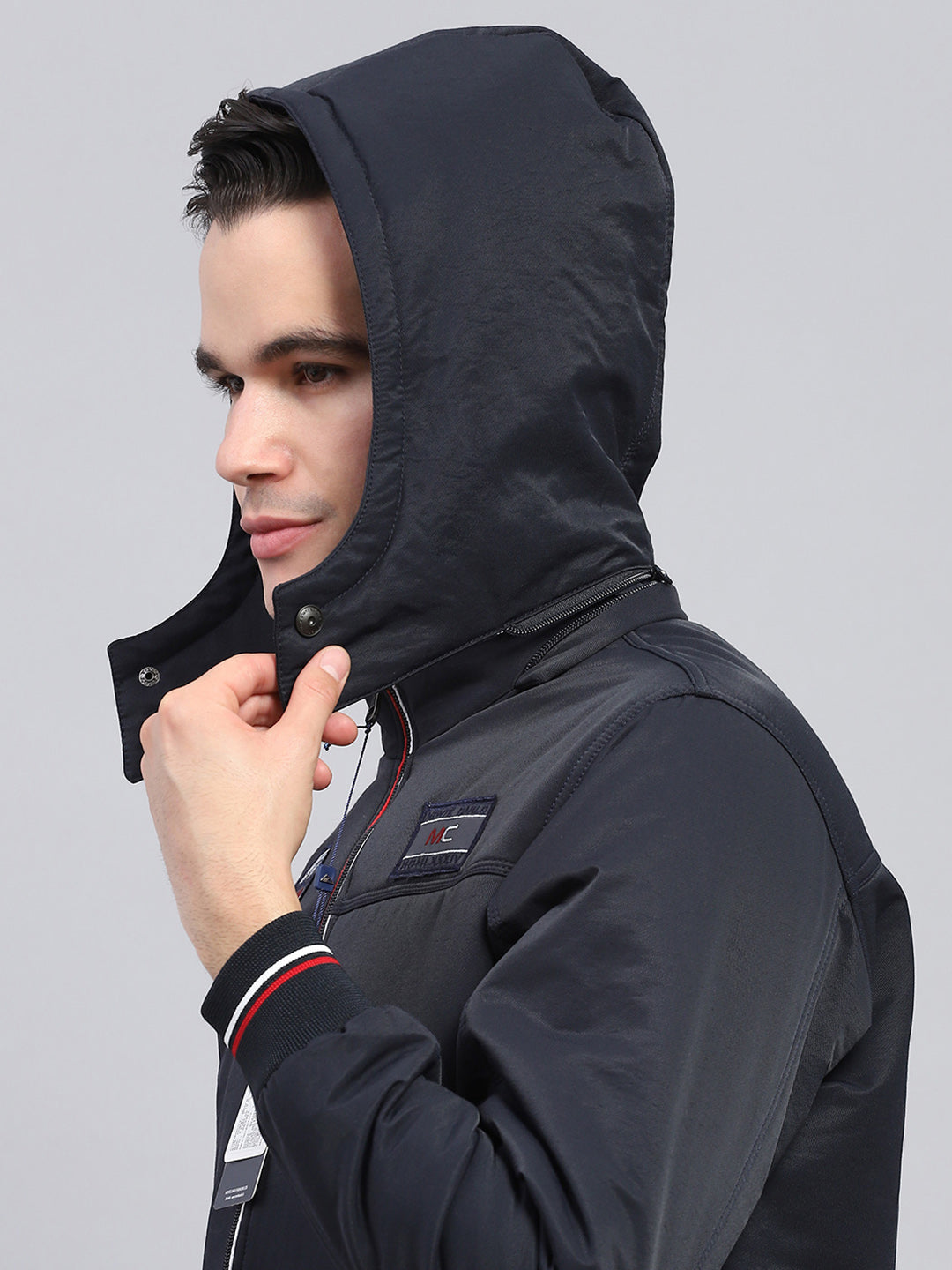 Men Navy Blue Solid Detachable Hood Full Sleeve Jacket