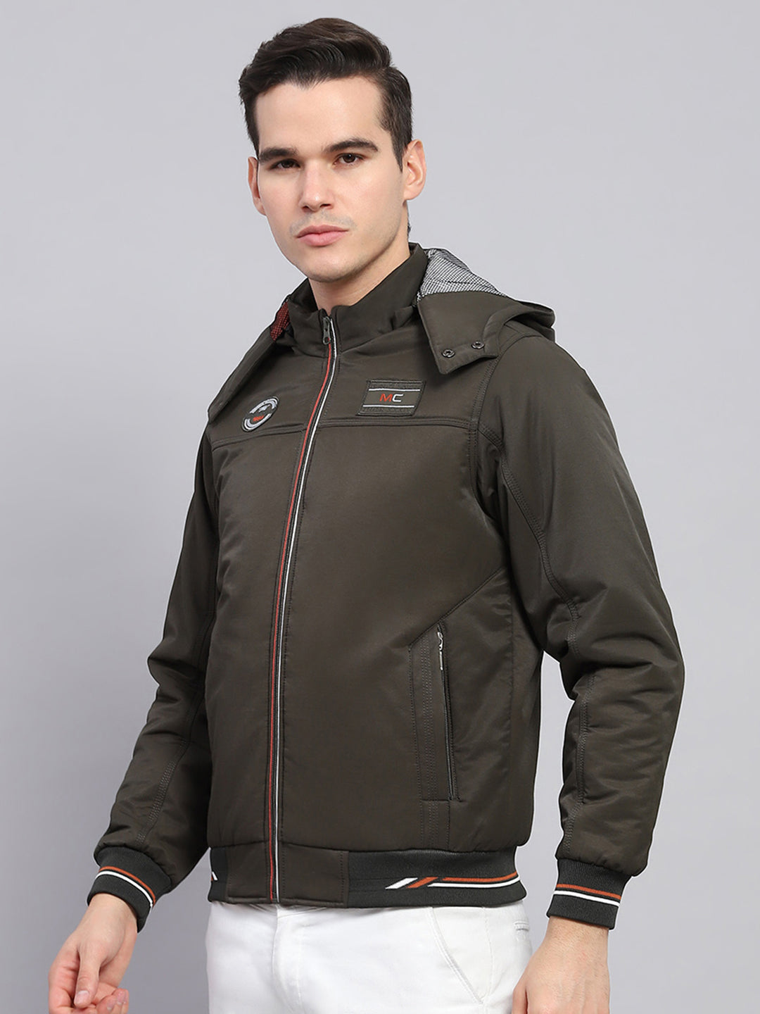 Men Olive Solid Detachable Hood Full Sleeve Jacket