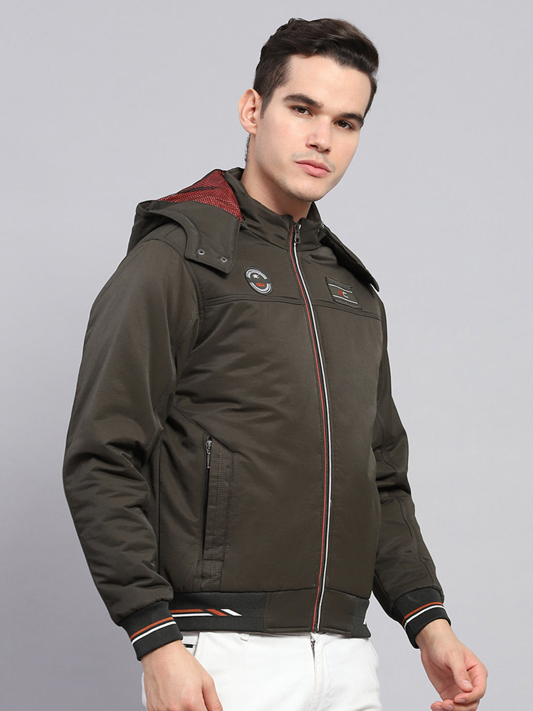 Men Olive Solid Detachable Hood Full Sleeve Jacket