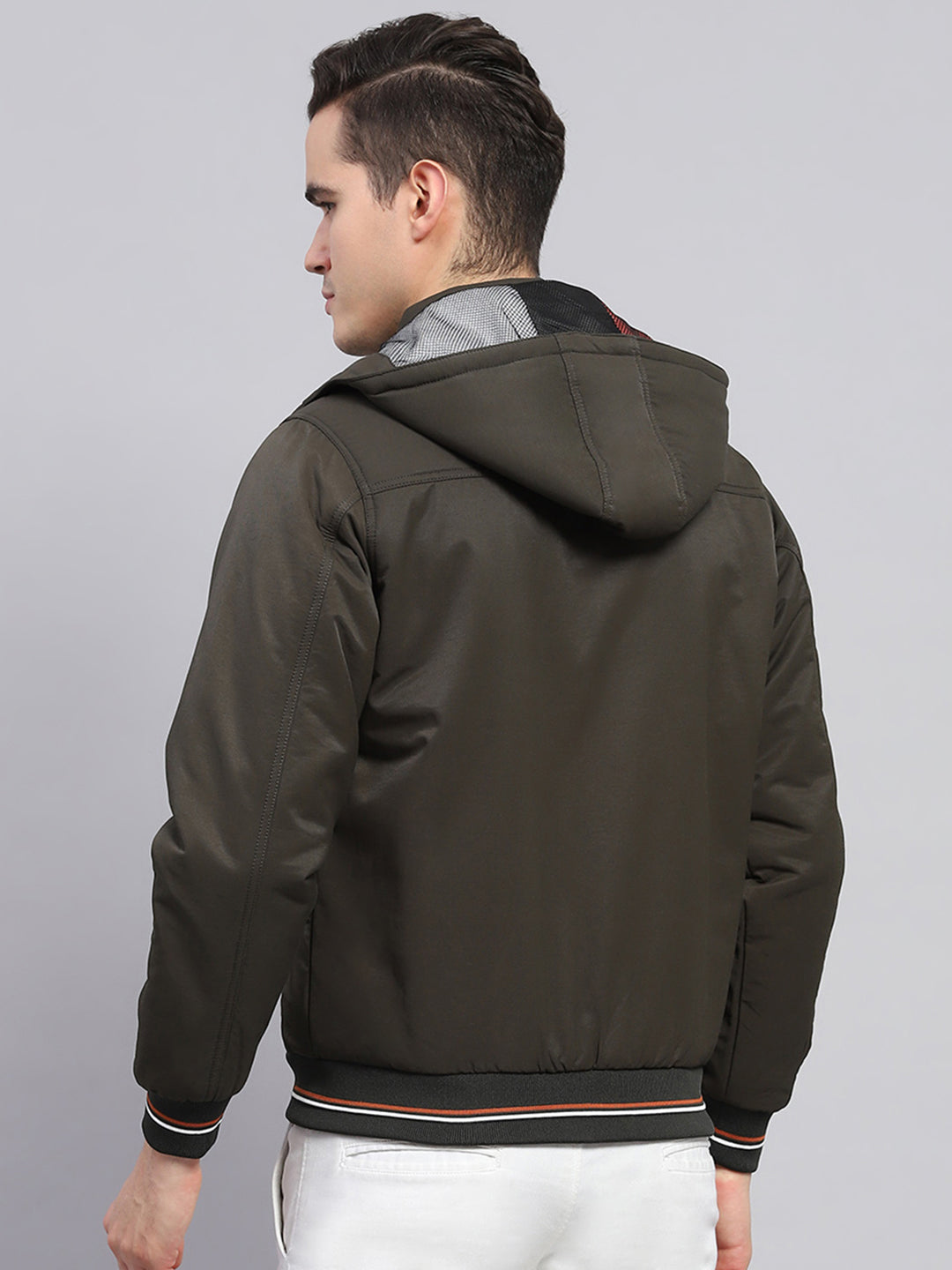 Men Olive Solid Detachable Hood Full Sleeve Jacket