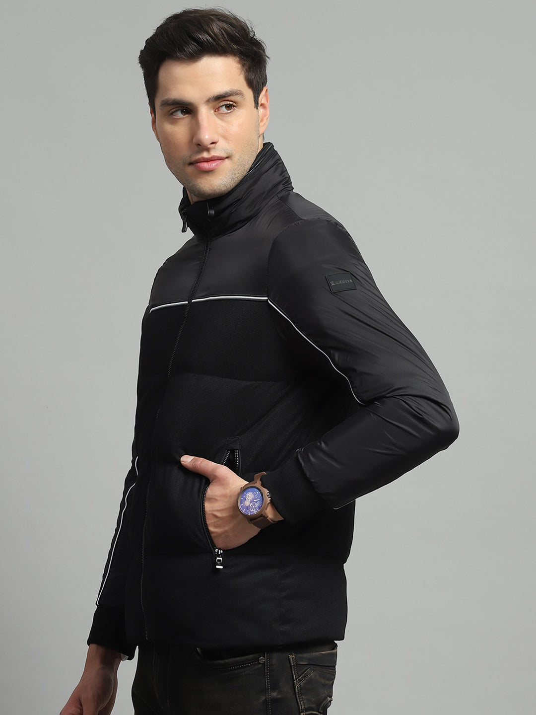 Men Black Solid Detachable Hood Full Sleeve Jacket