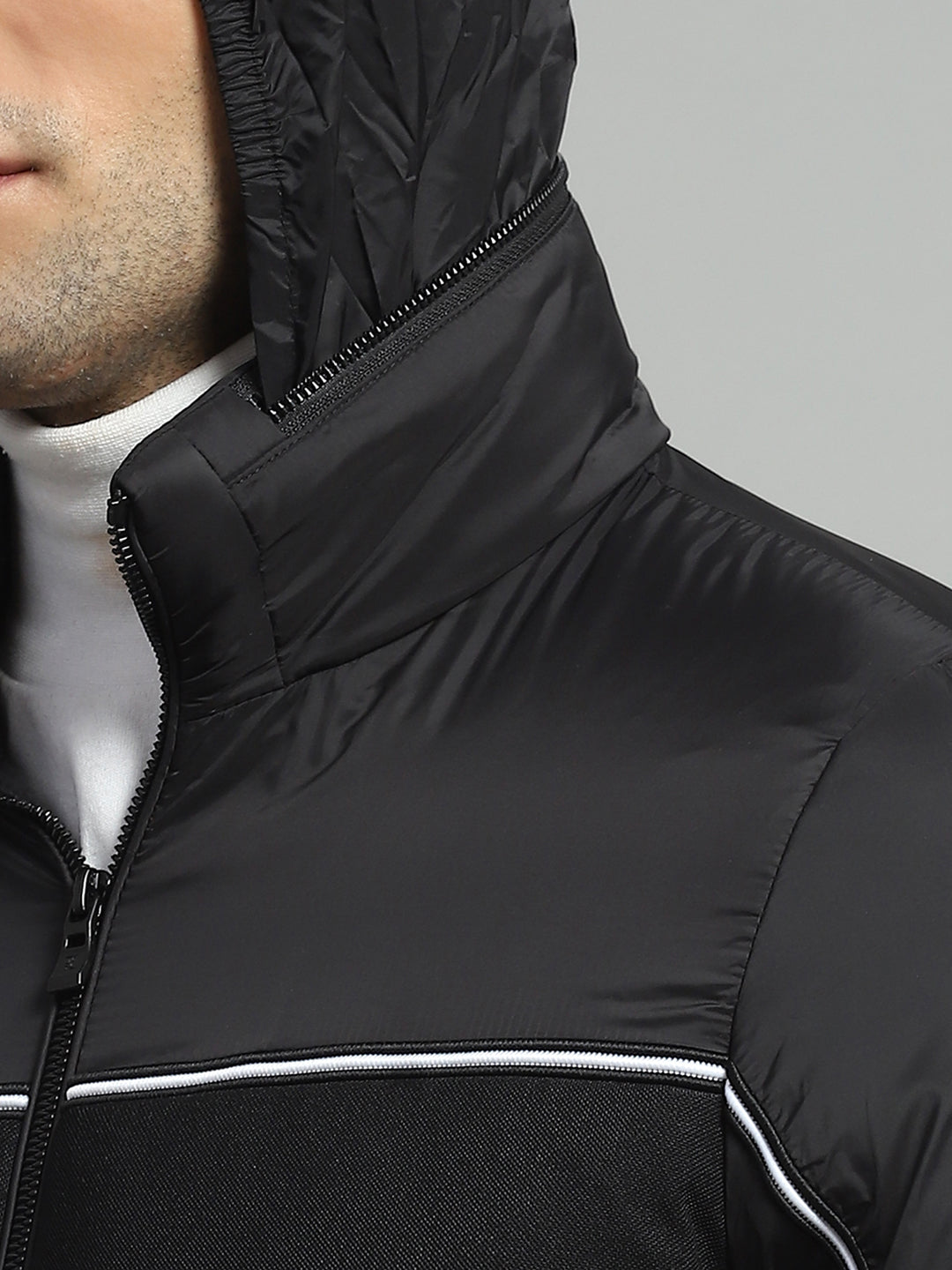 Men Black Solid Detachable Hood Full Sleeve Jacket