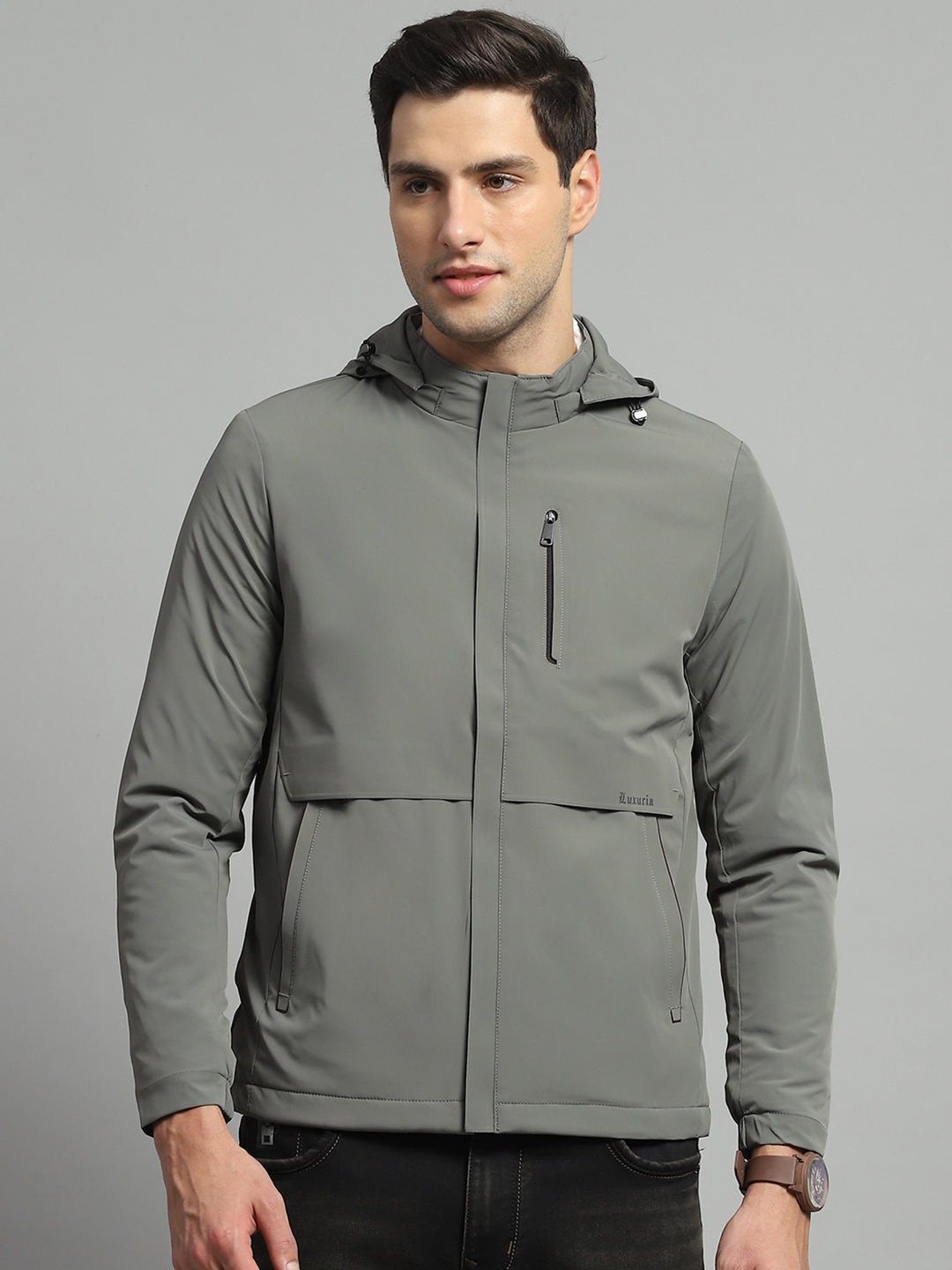 Men Olive Solid Detachable Hood Full Sleeve Jacket