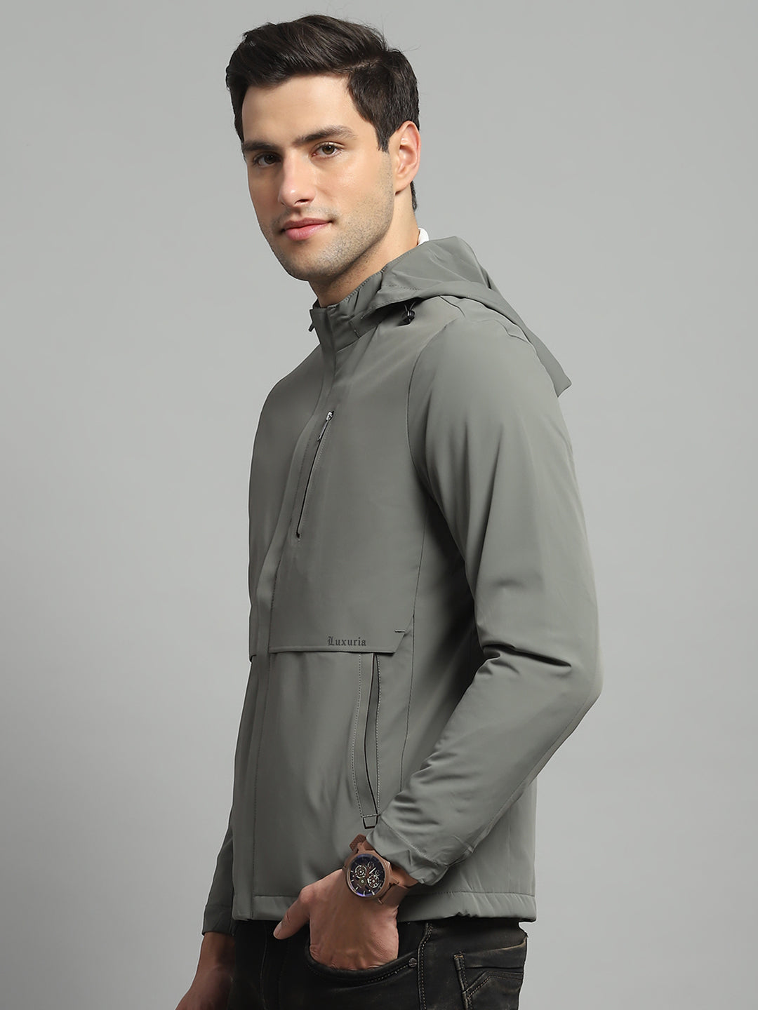 Men Olive Solid Detachable Hood Full Sleeve Jacket