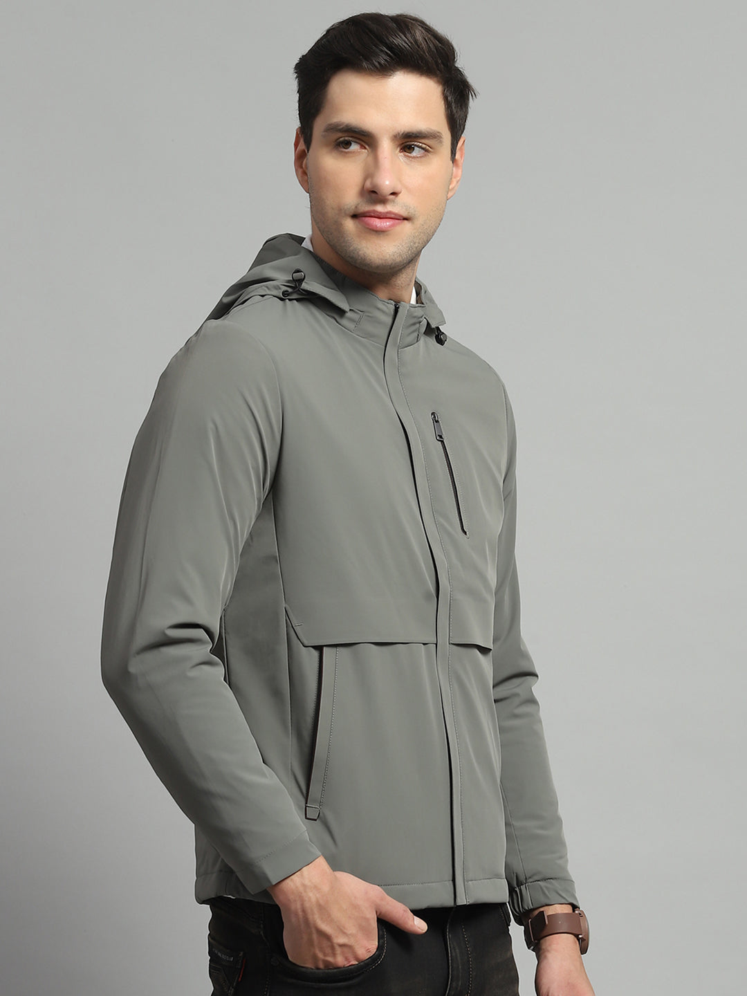 Men Olive Solid Detachable Hood Full Sleeve Jacket