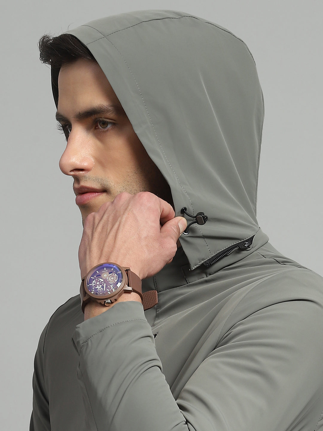 Men Olive Solid Detachable Hood Full Sleeve Jacket