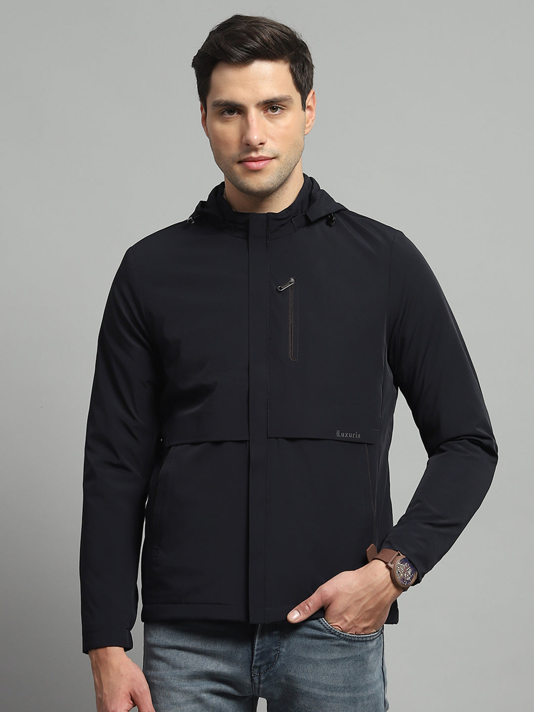 Men Navy Blue Solid Detachable Hood Full Sleeve Jacket