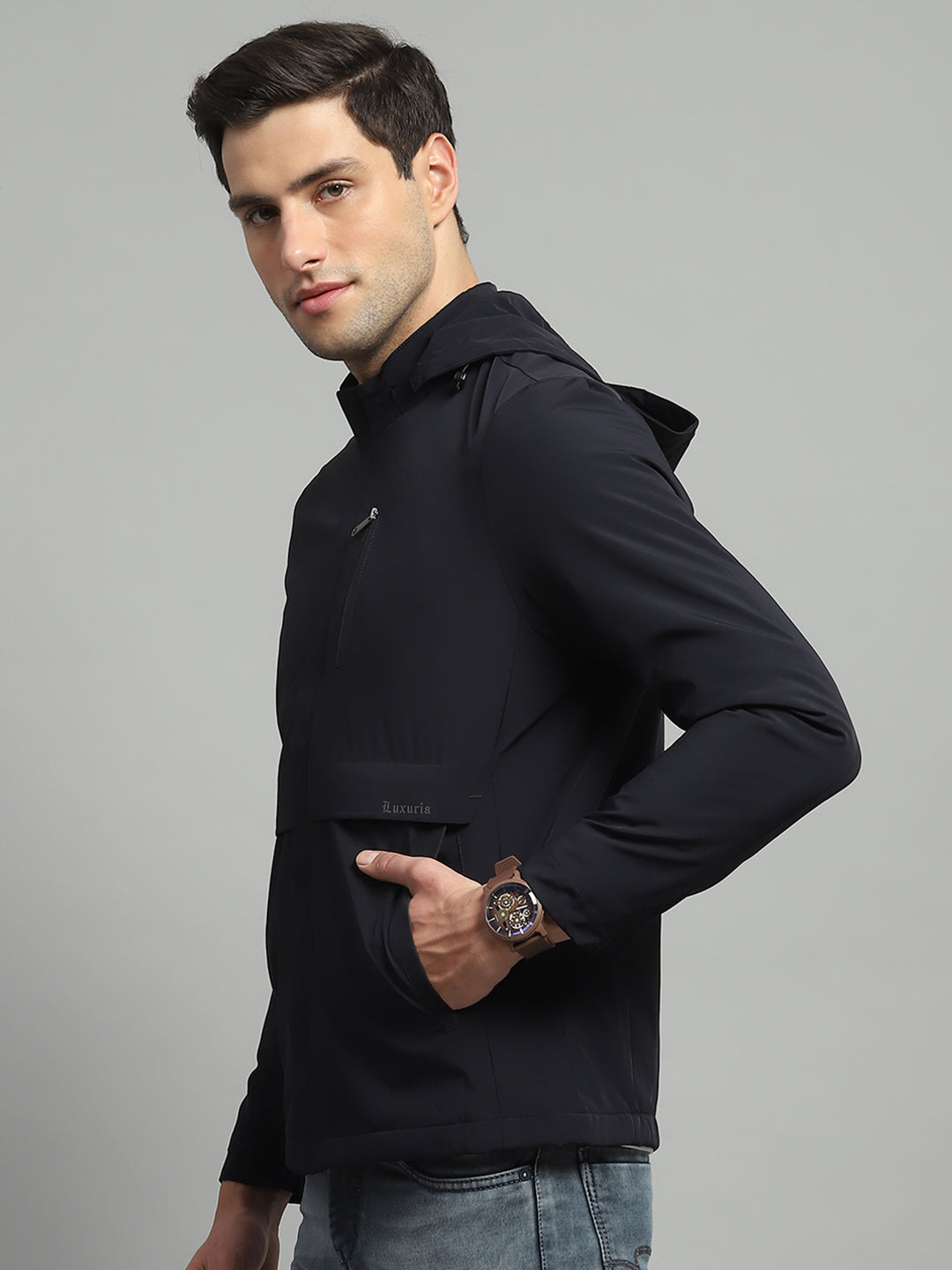 Men Navy Blue Solid Detachable Hood Full Sleeve Jacket