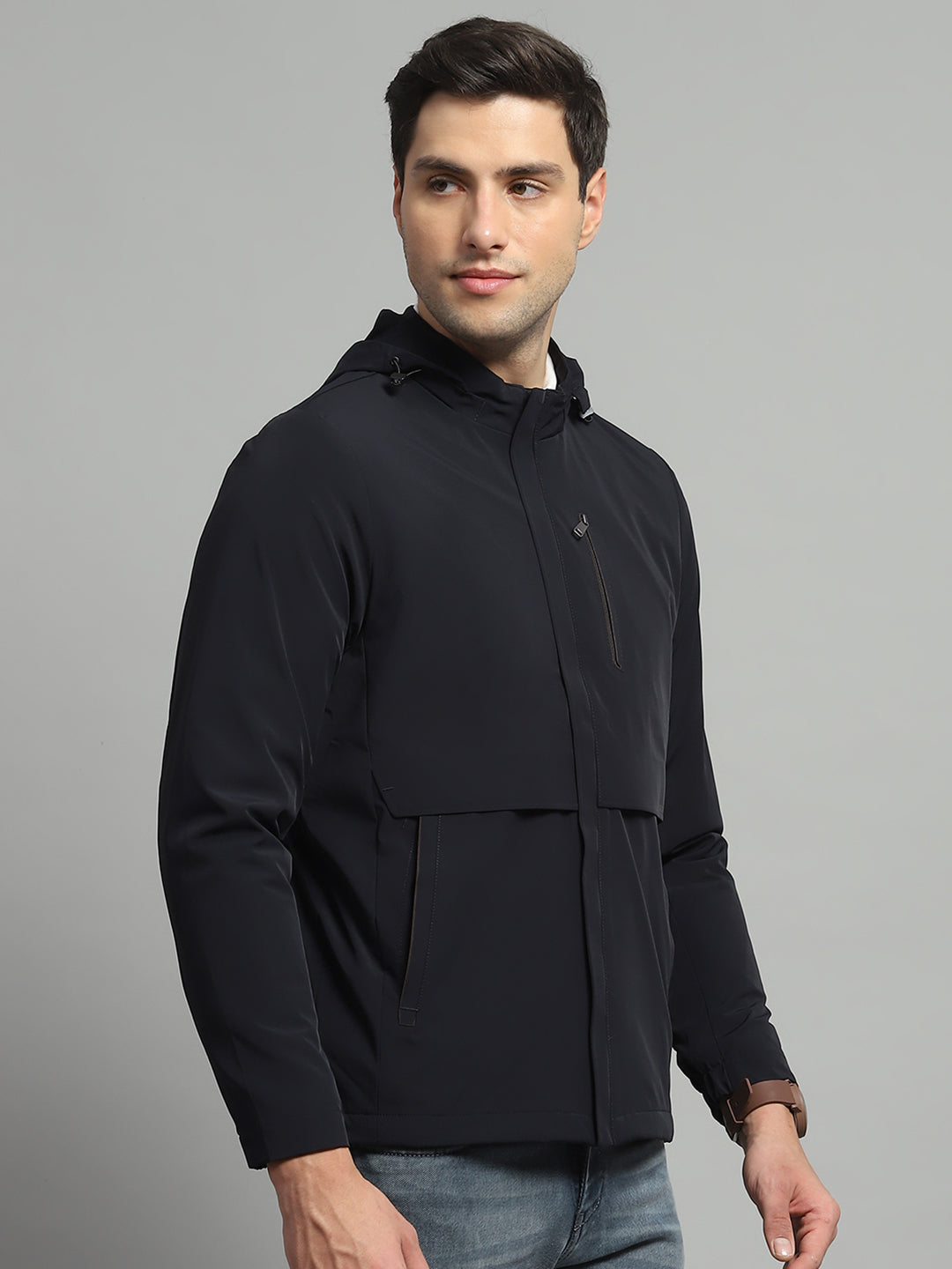 Men Navy Blue Solid Detachable Hood Full Sleeve Jacket