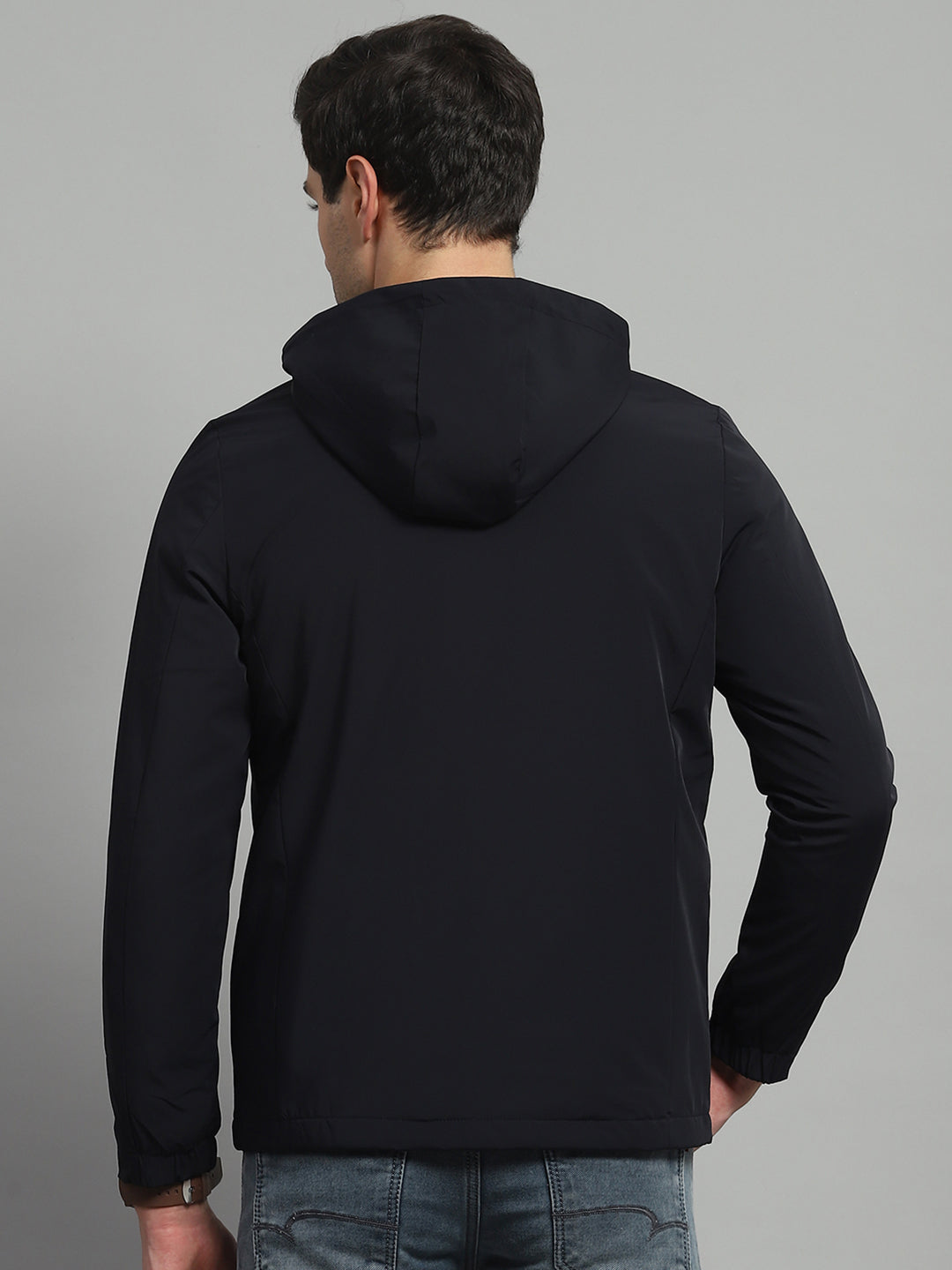 Men Navy Blue Solid Detachable Hood Full Sleeve Jacket