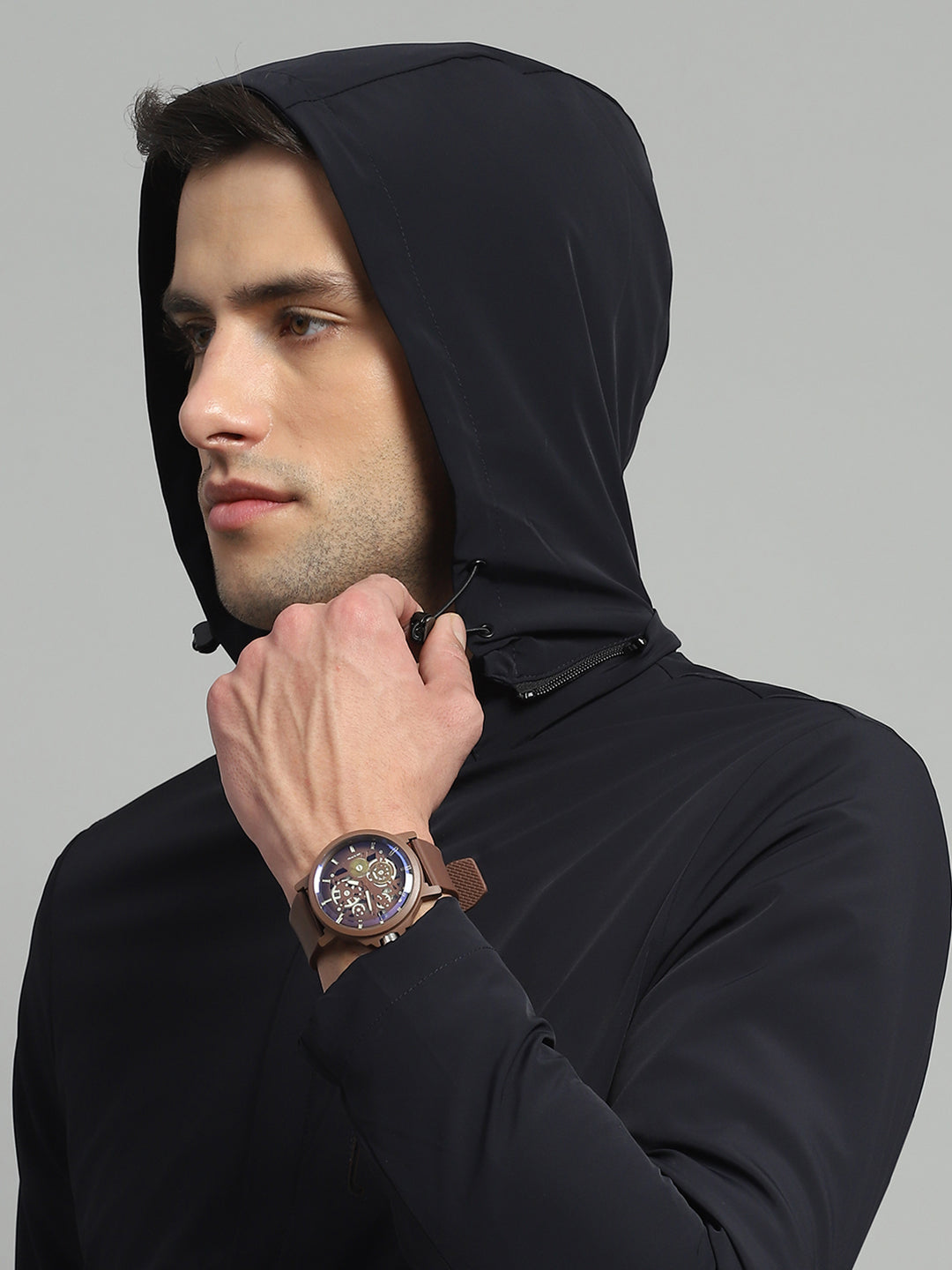 Men Navy Blue Solid Detachable Hood Full Sleeve Jacket