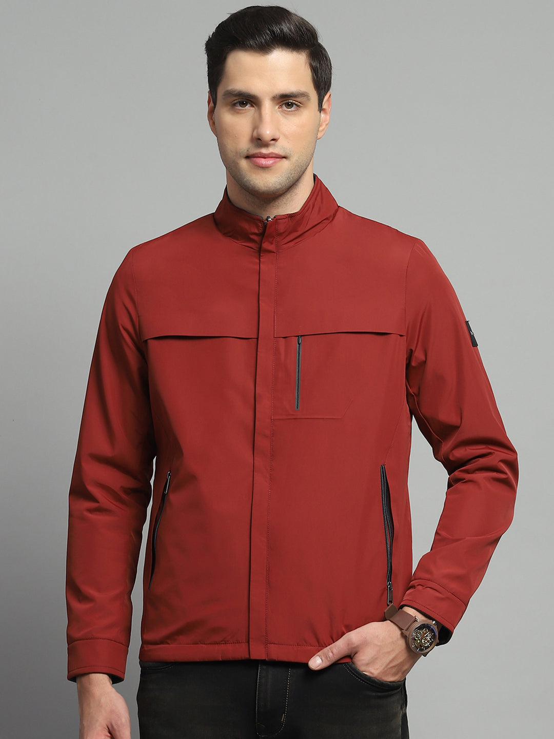 Men Red Solid Mock Neck Full Sleeve Reversible Jacket