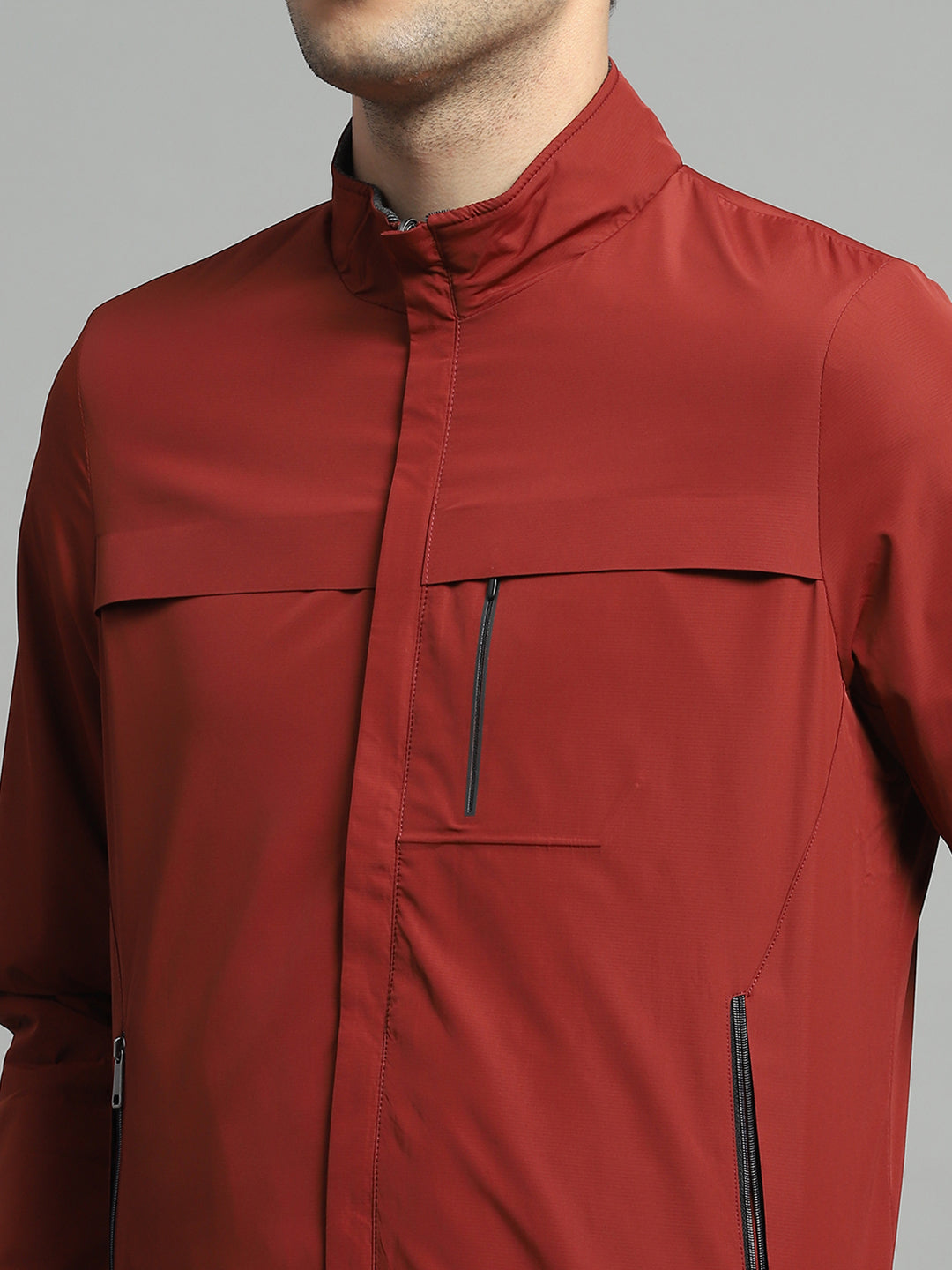 Men Red Solid Mock Neck Full Sleeve Reversible Jacket