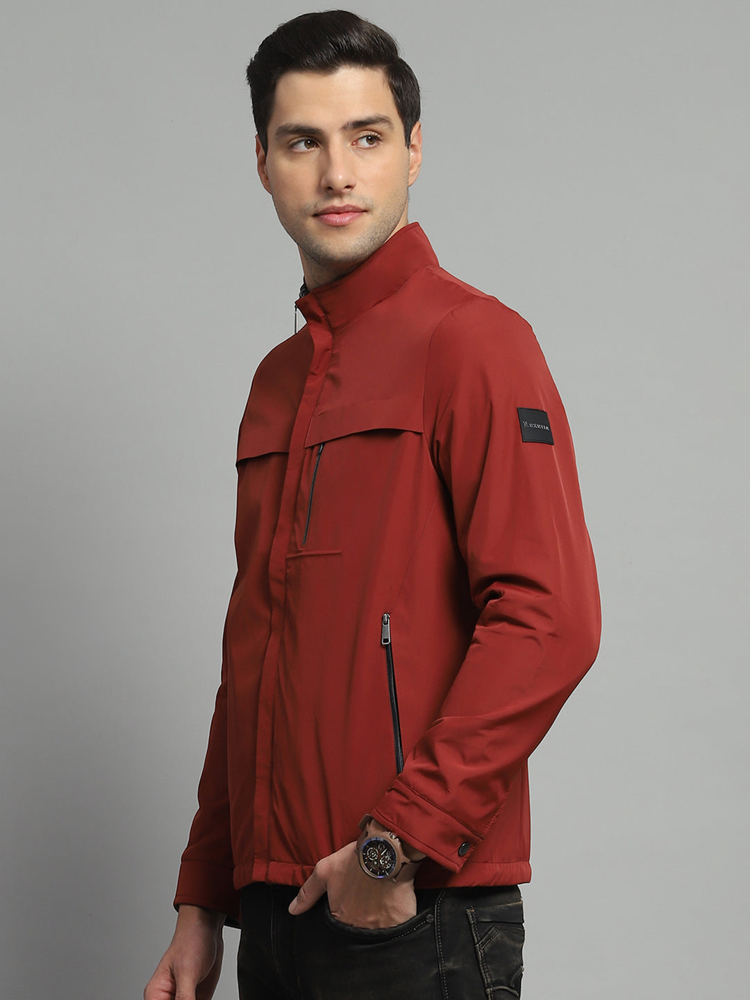 Men Red Solid Mock Neck Full Sleeve Reversible Jacket