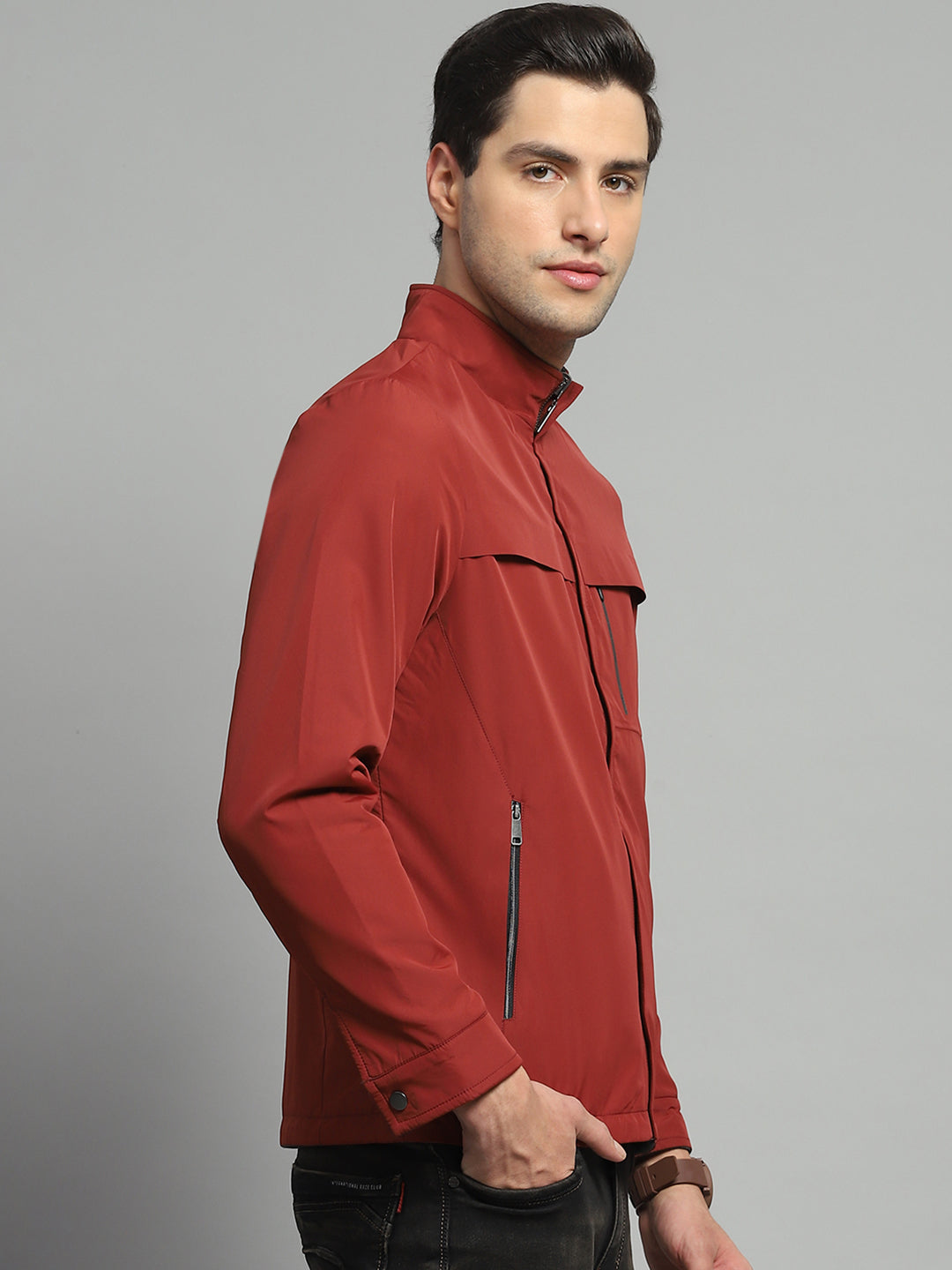 Men Red Solid Mock Neck Full Sleeve Reversible Jacket