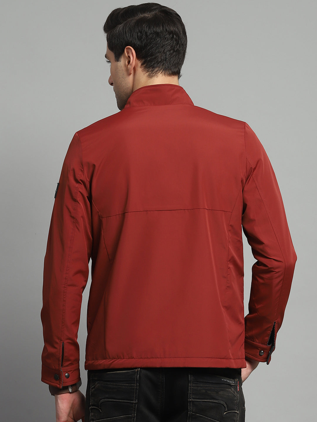 Men Red Solid Mock Neck Full Sleeve Reversible Jacket