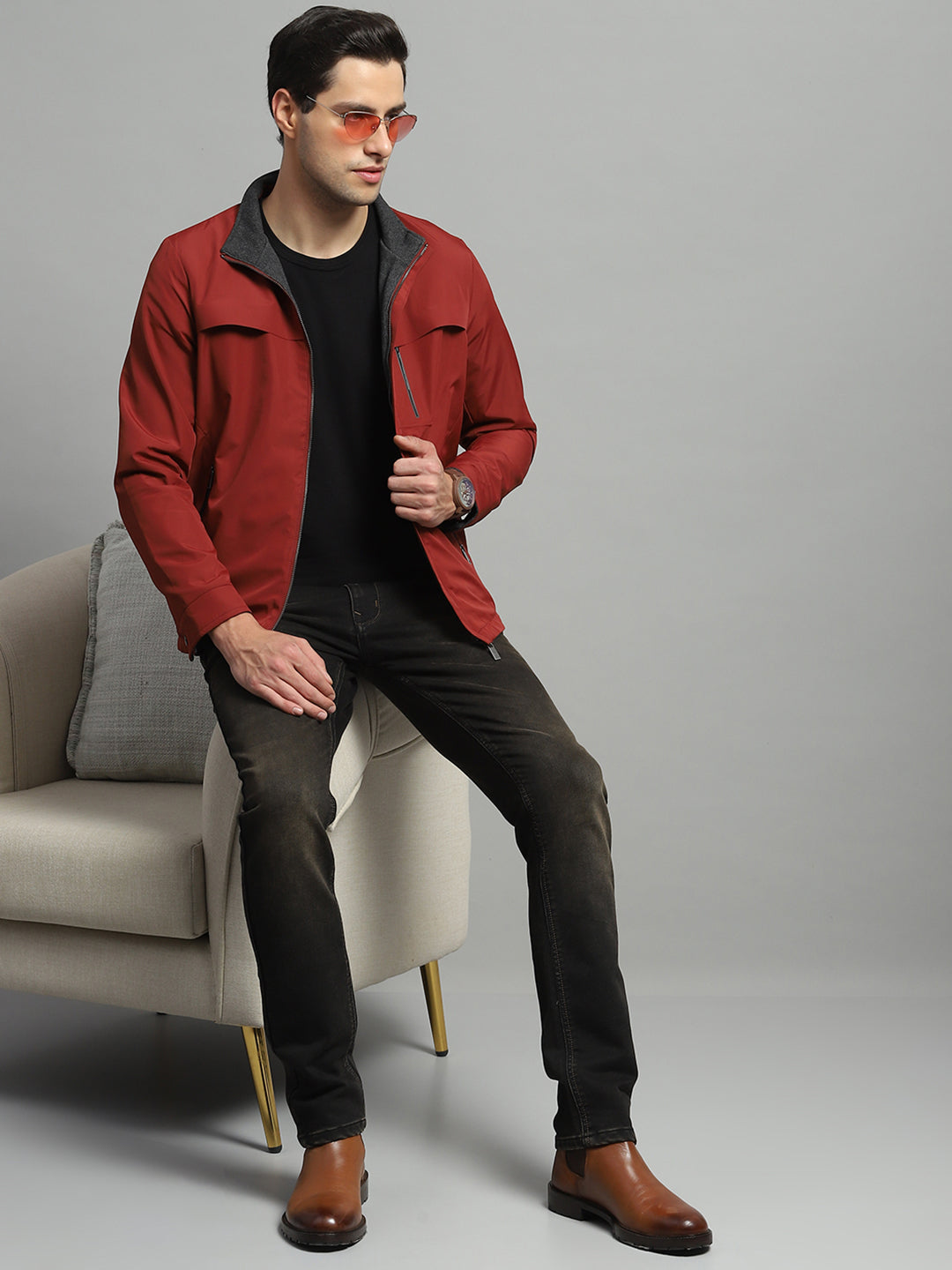 Men Red Solid Mock Neck Full Sleeve Reversible Jacket