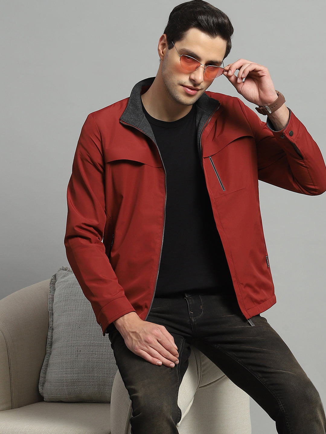 Men Red Solid Mock Neck Full Sleeve Reversible Jacket