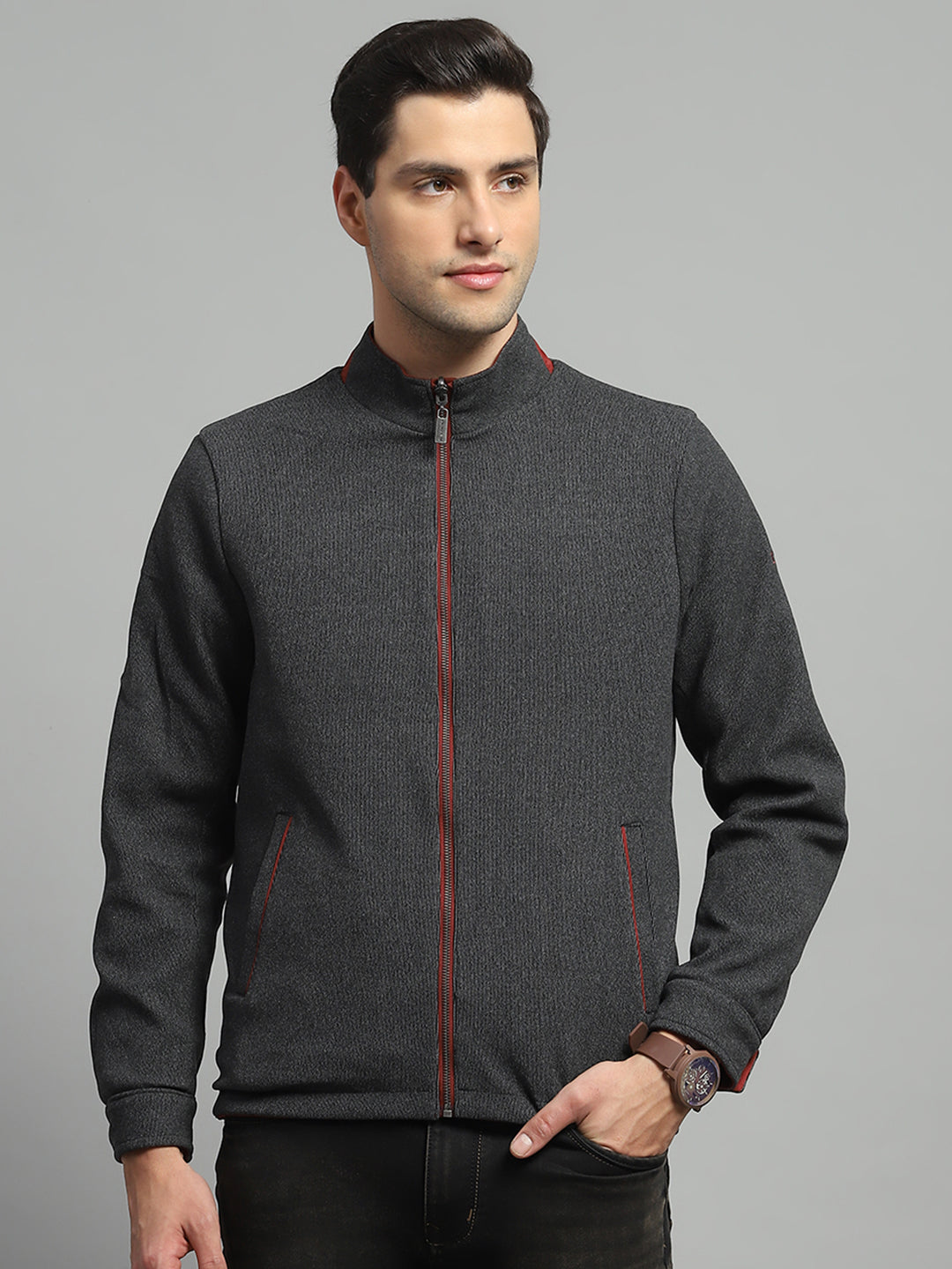 Men Red Solid Mock Neck Full Sleeve Reversible Jacket