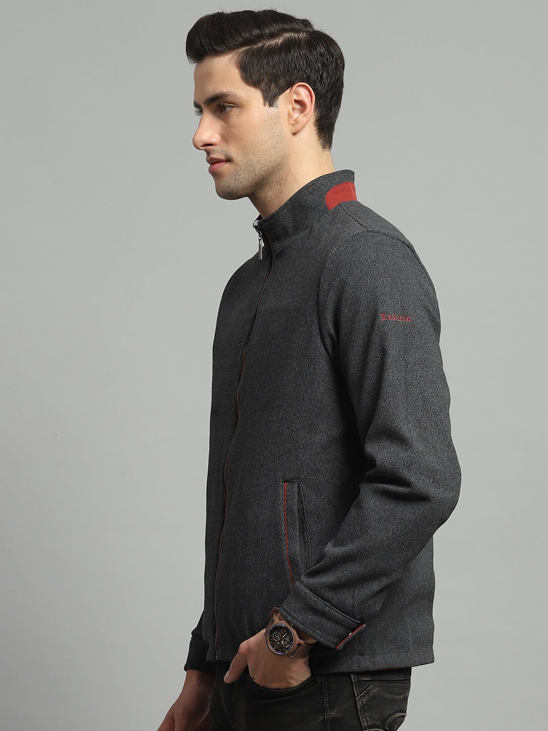 Men Red Solid Mock Neck Full Sleeve Reversible Jacket