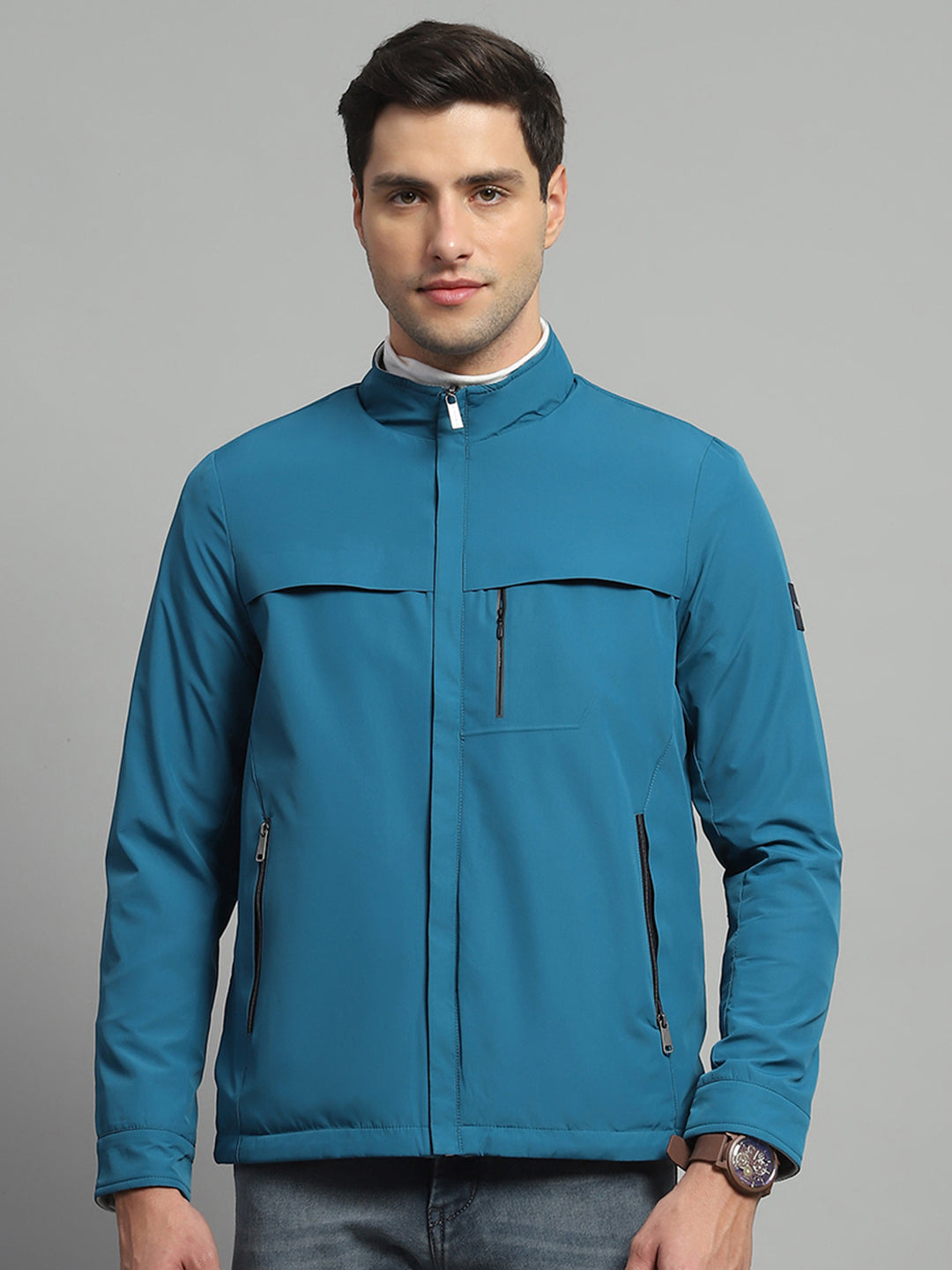 Men Teal Blue Solid Mock Neck Full Sleeve Reversible Jacket