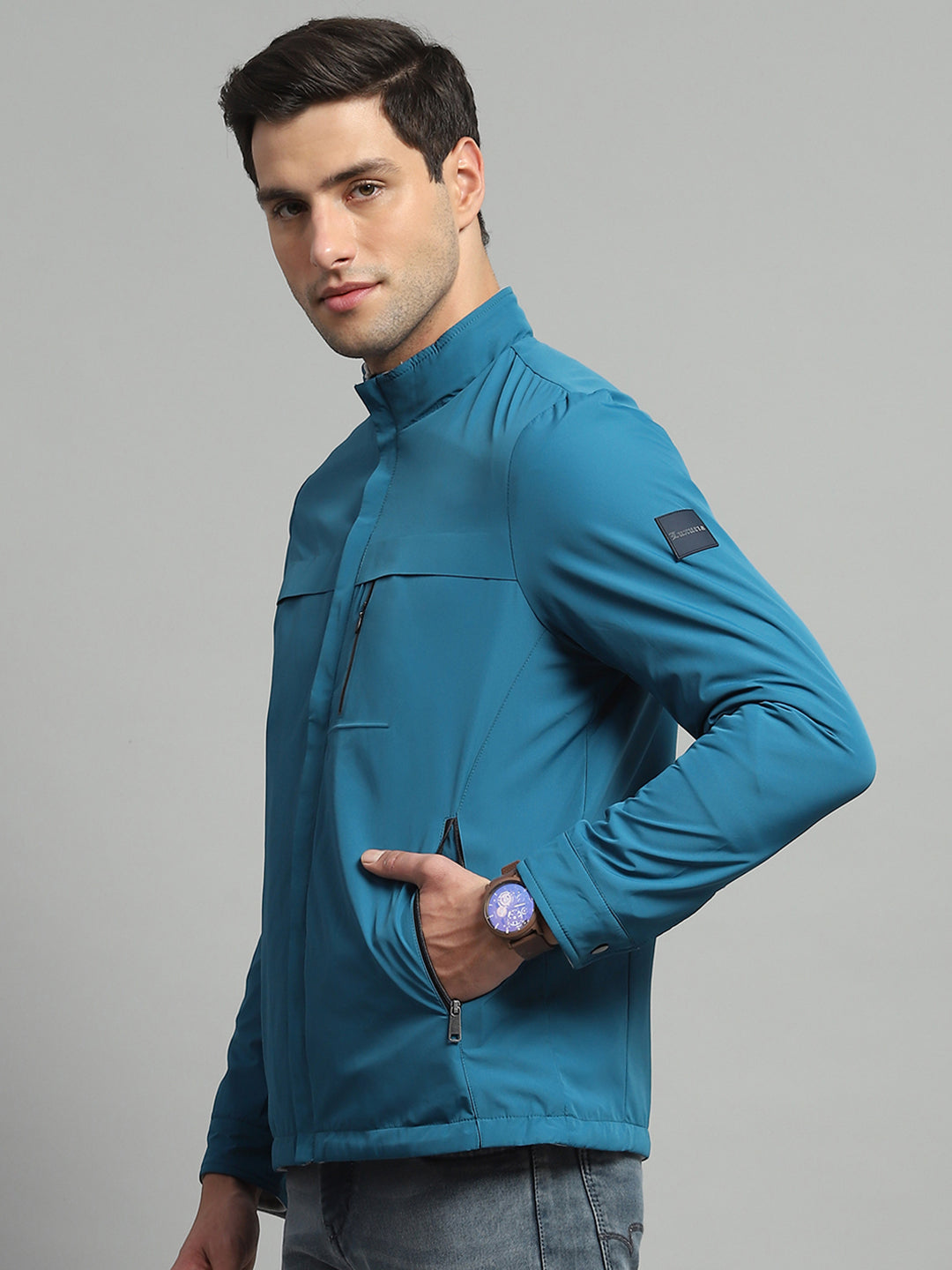 Men Teal Blue Solid Mock Neck Full Sleeve Reversible Jacket