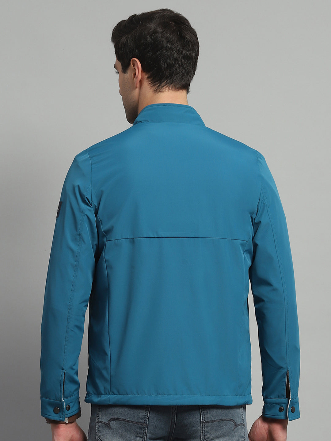 Men Teal Blue Solid Mock Neck Full Sleeve Reversible Jacket