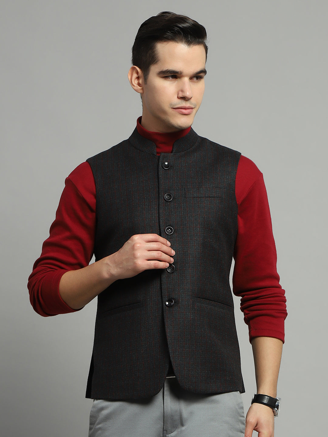 Men Charcoal Solid Band Collar Sleeveless Jacket