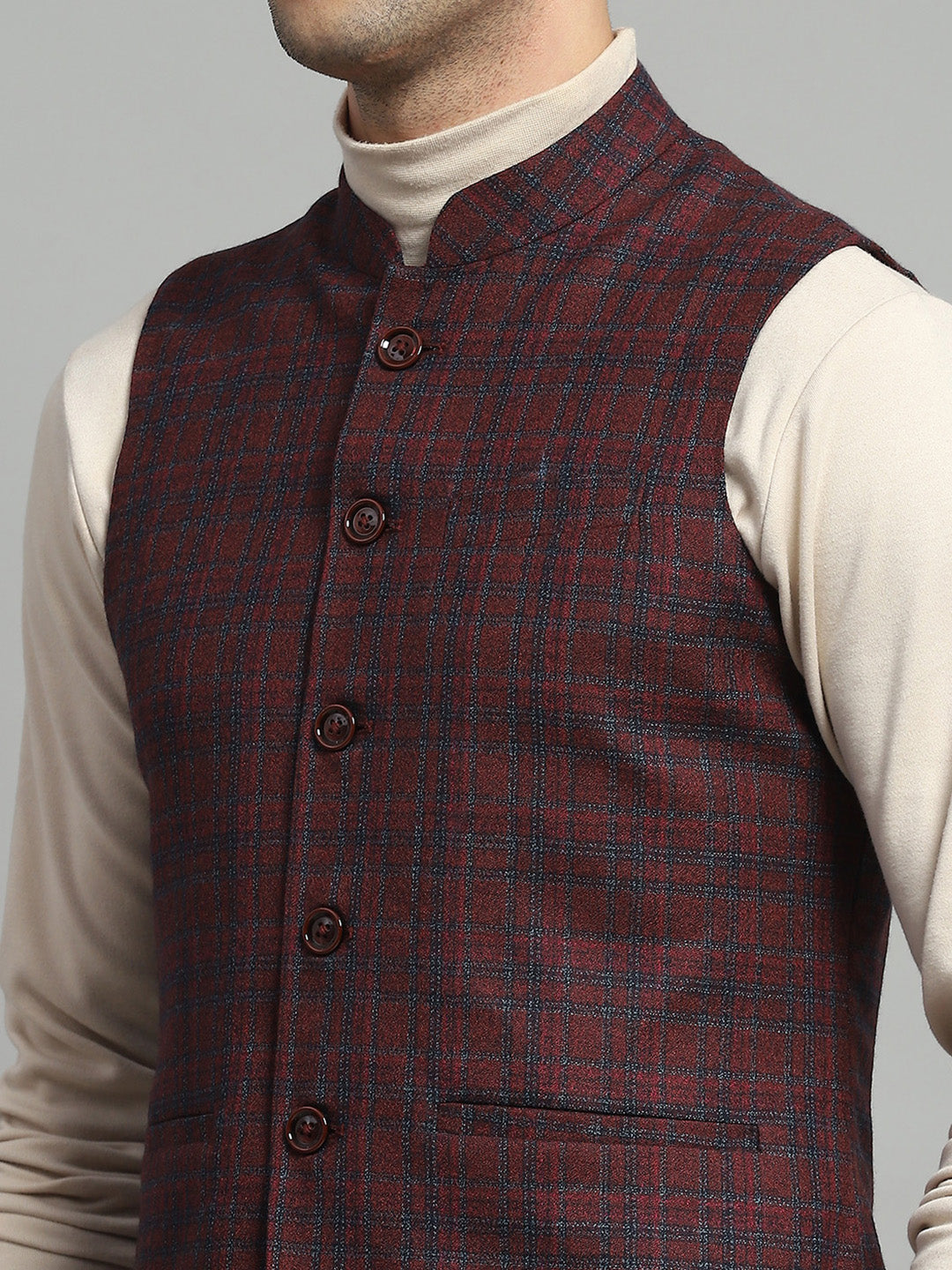 Men Maroon Solid Band Collar Sleeveless Jacket