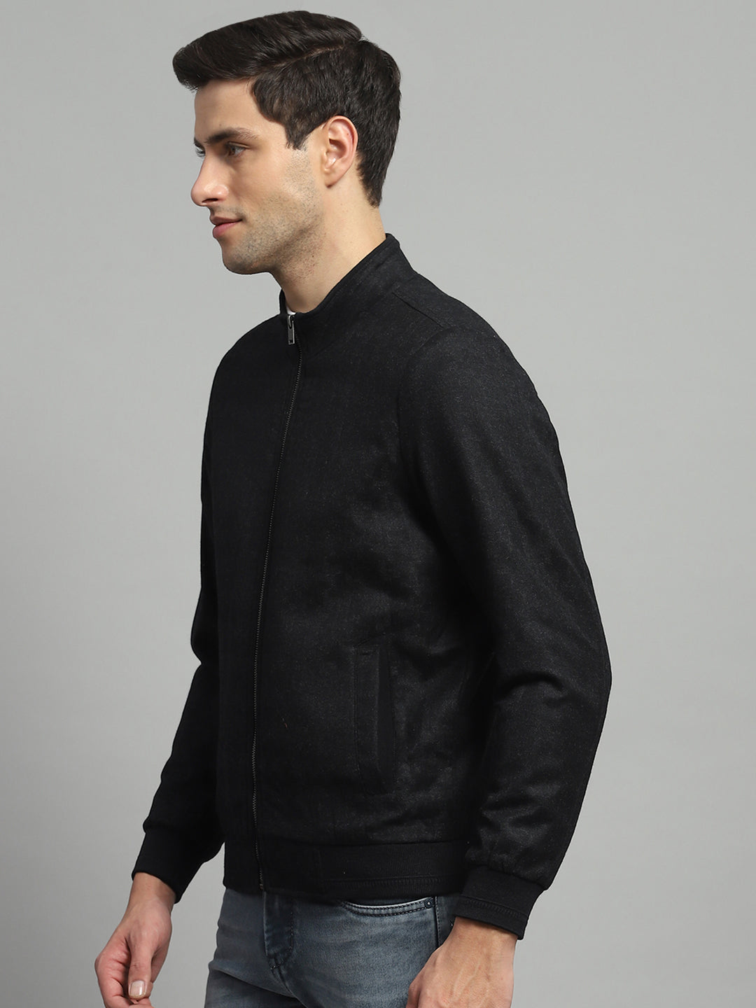 Men Black Solid Mock Neck Full Sleeve Jacket