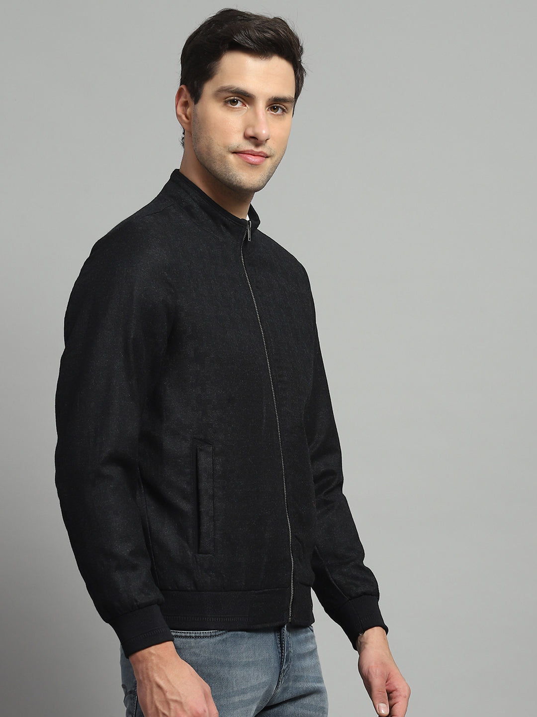 Men Black Solid Mock Neck Full Sleeve Jacket