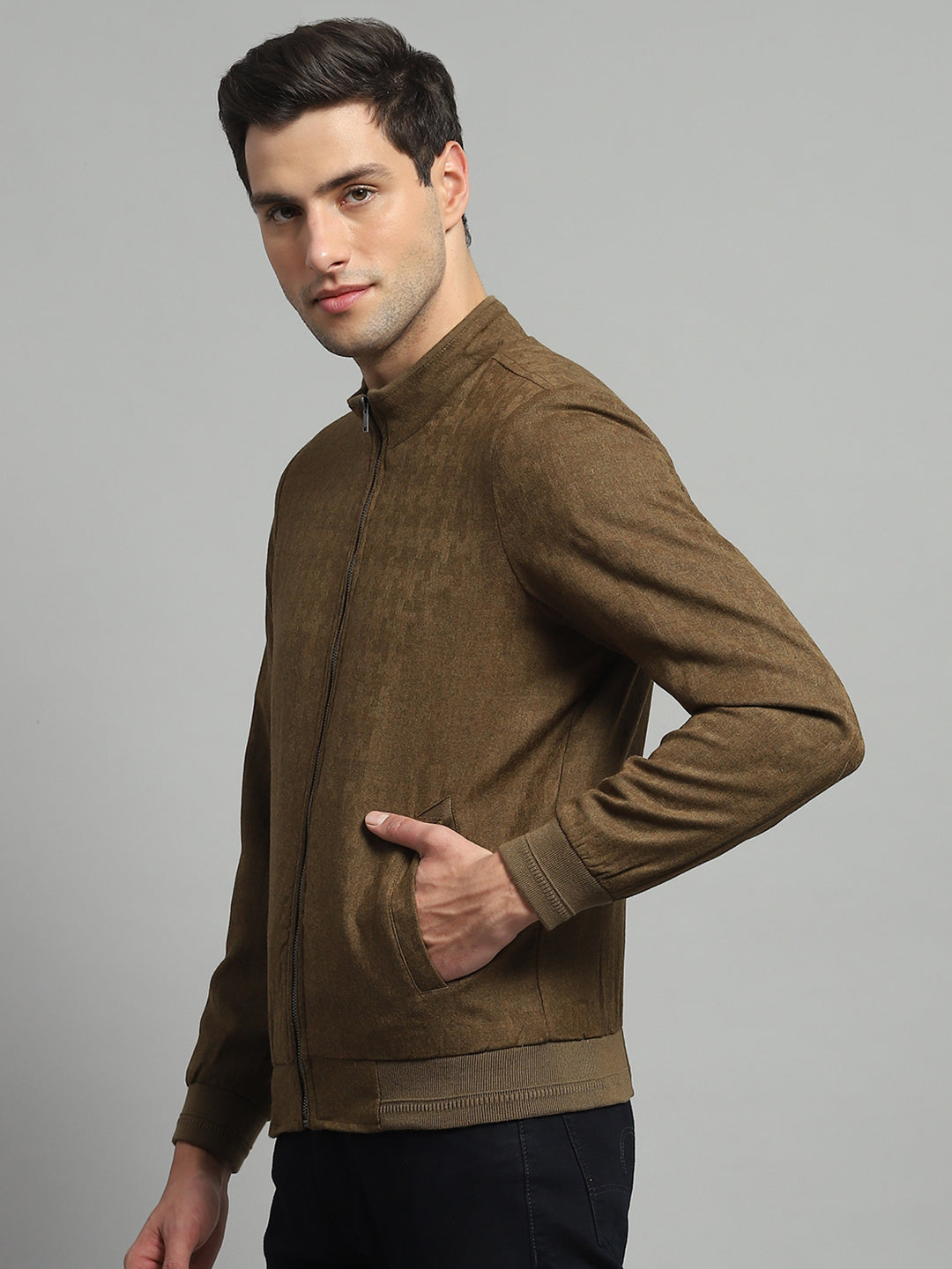 Men Mustard Solid Mock Neck Full Sleeve Jacket