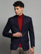 Men Navy Blue Check Notch Lapel Collar Full Sleeve Blazer