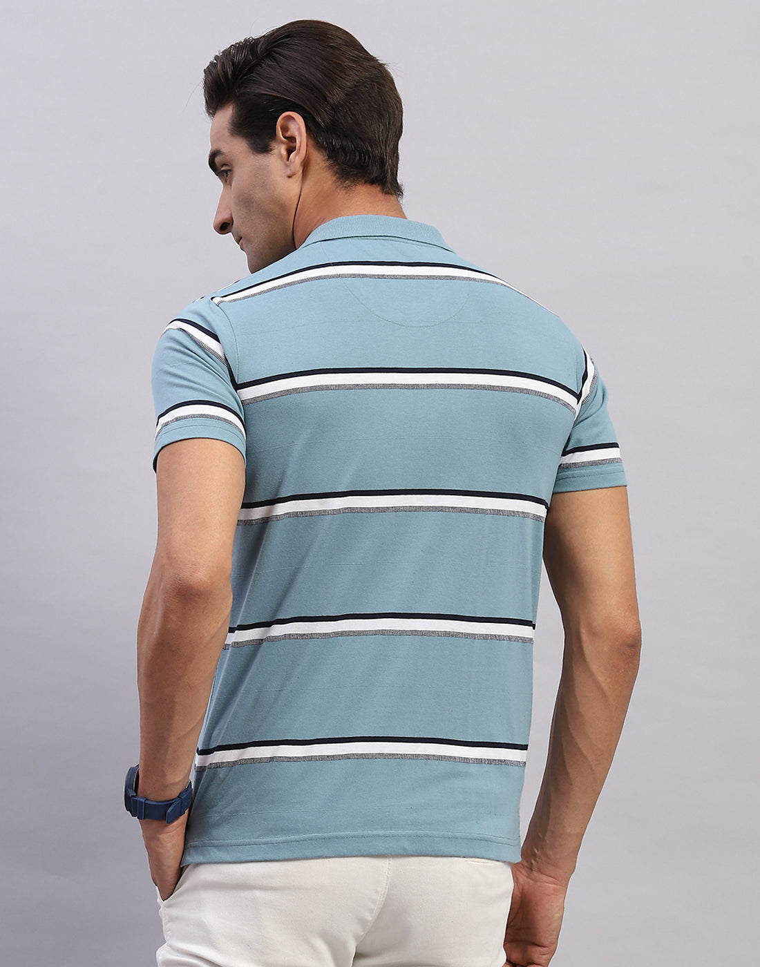 Men Blue Stripe Polo Collar Half Sleeve T-Shirt