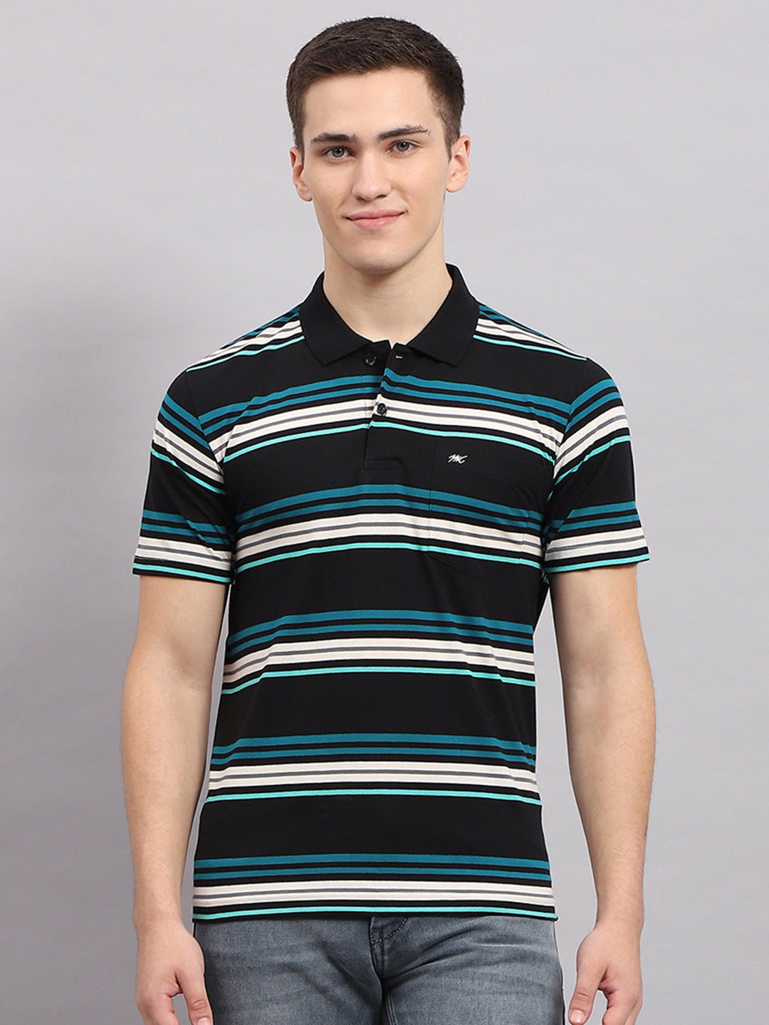 Men Multicolor Stripe Collar Half Sleeve T-Shirt