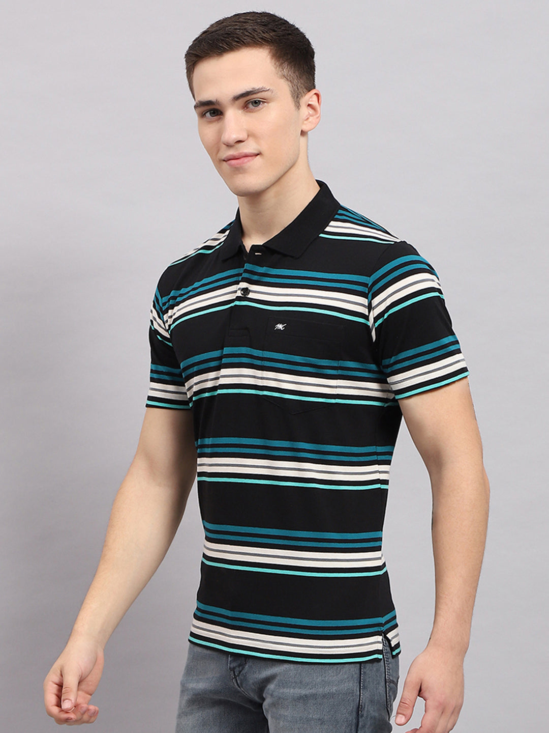 Men Multicolor Stripe Collar Half Sleeve T-Shirt