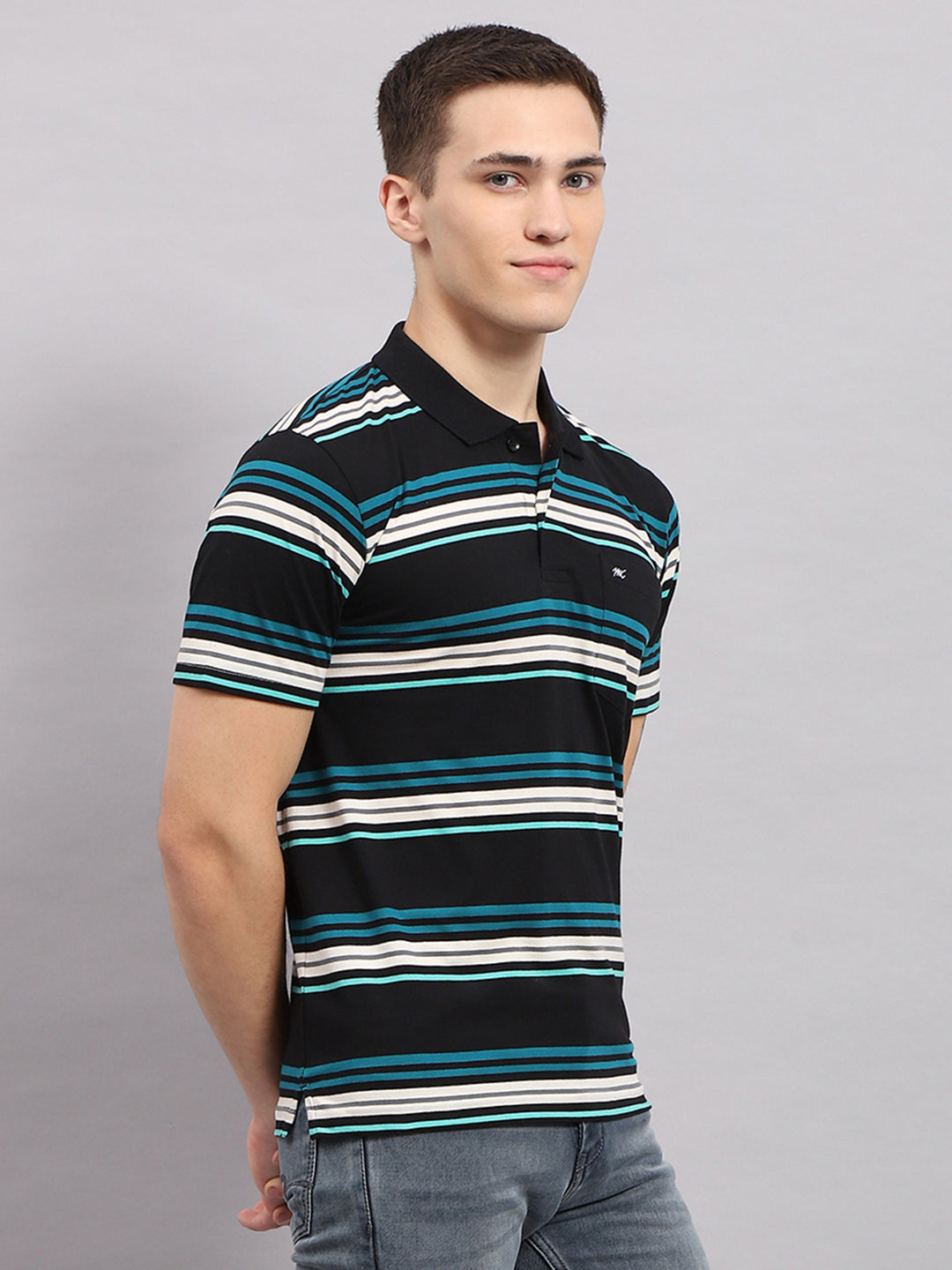 Men Multicolor Stripe Collar Half Sleeve T-Shirt