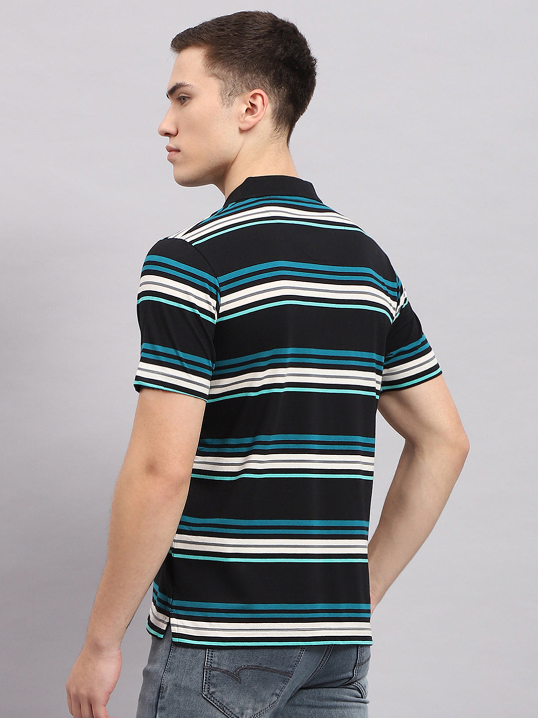 Men Multicolor Stripe Collar Half Sleeve T-Shirt