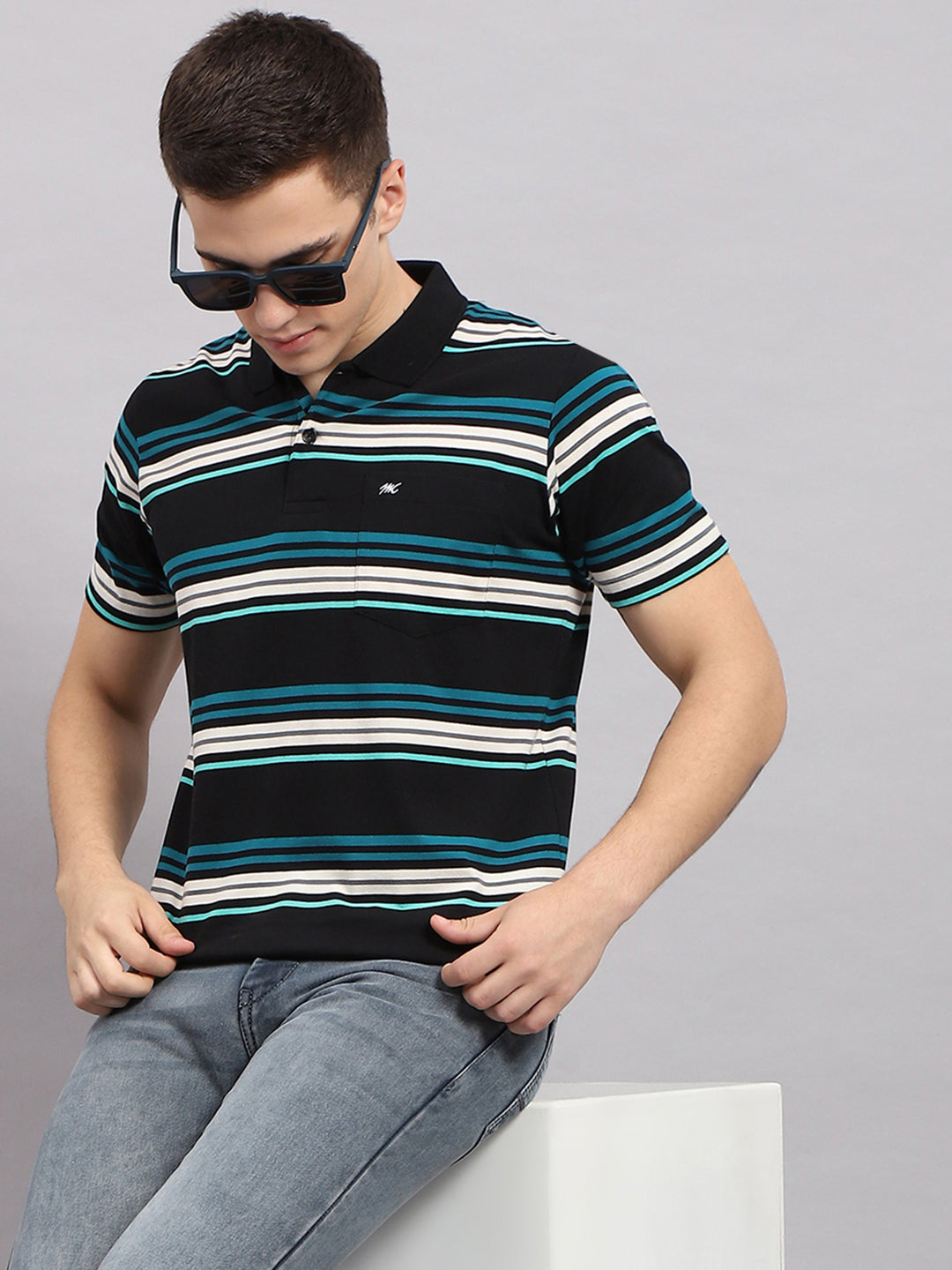 Men Multicolor Stripe Collar Half Sleeve T-Shirt