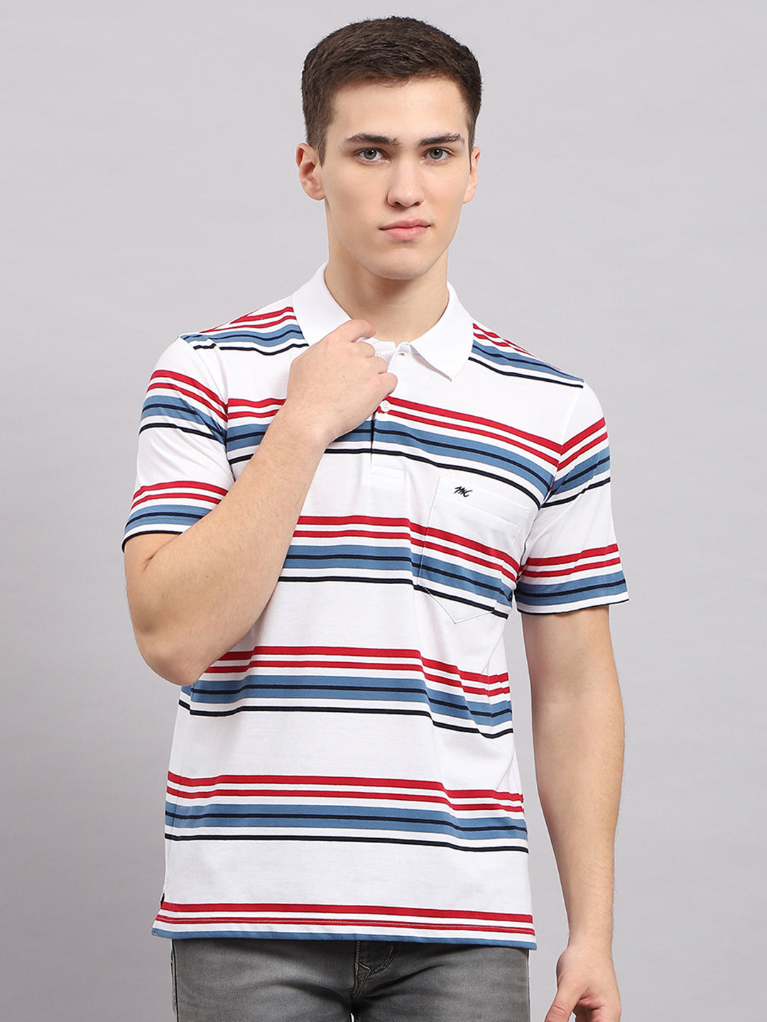 Men White & Blue Stripe Collar Half Sleeve T-Shirt