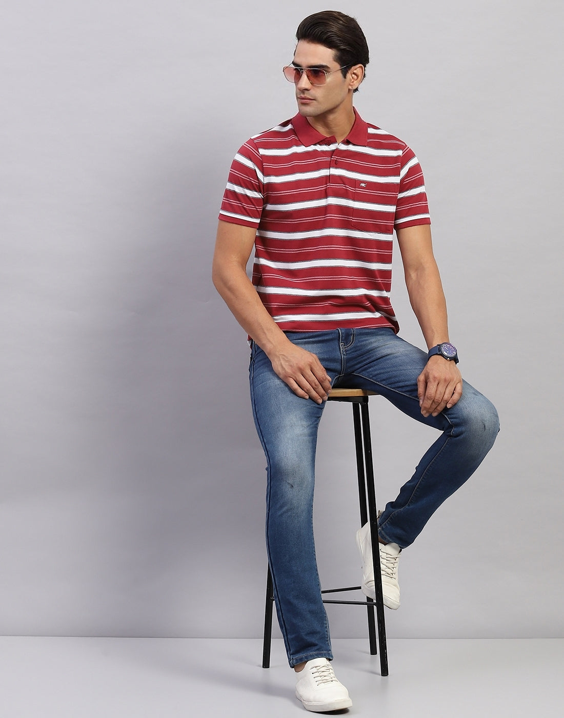 Men Maroon Stripe Polo Collar Half Sleeve T-Shirt