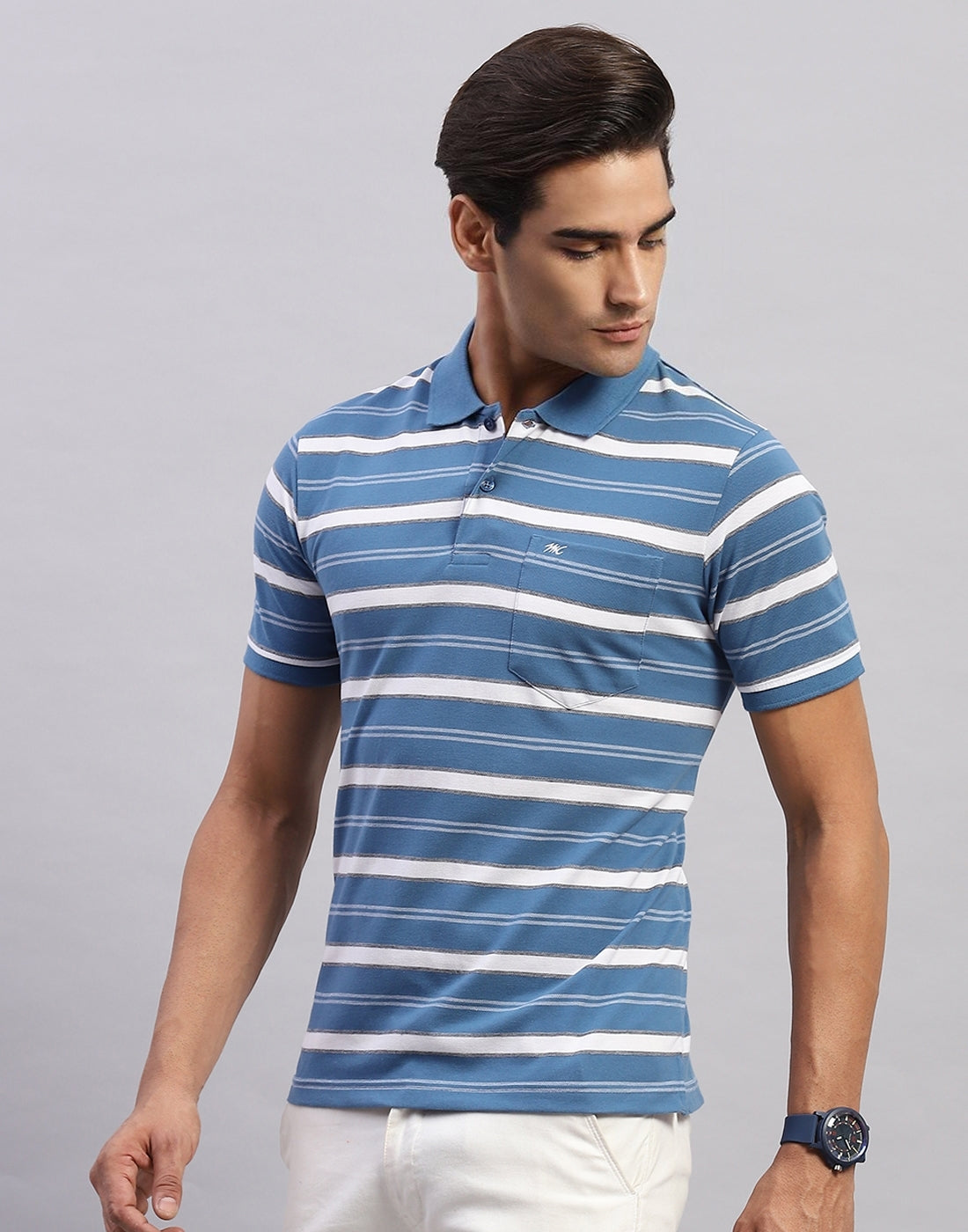 Men Blue Stripe Polo Collar Half Sleeve T-Shirt