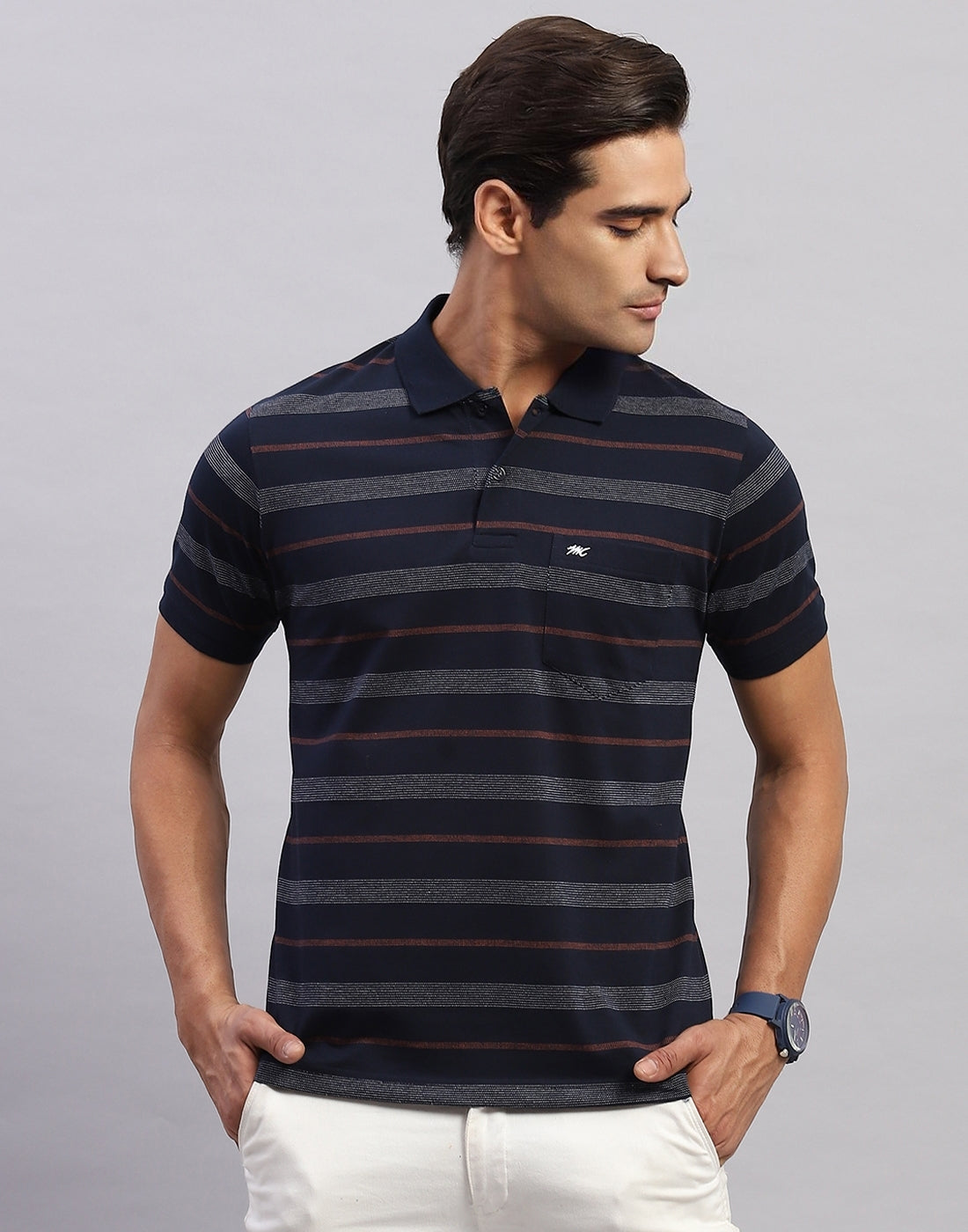 Men Navy Blue Stripe Polo Collar Half Sleeve T-Shirt